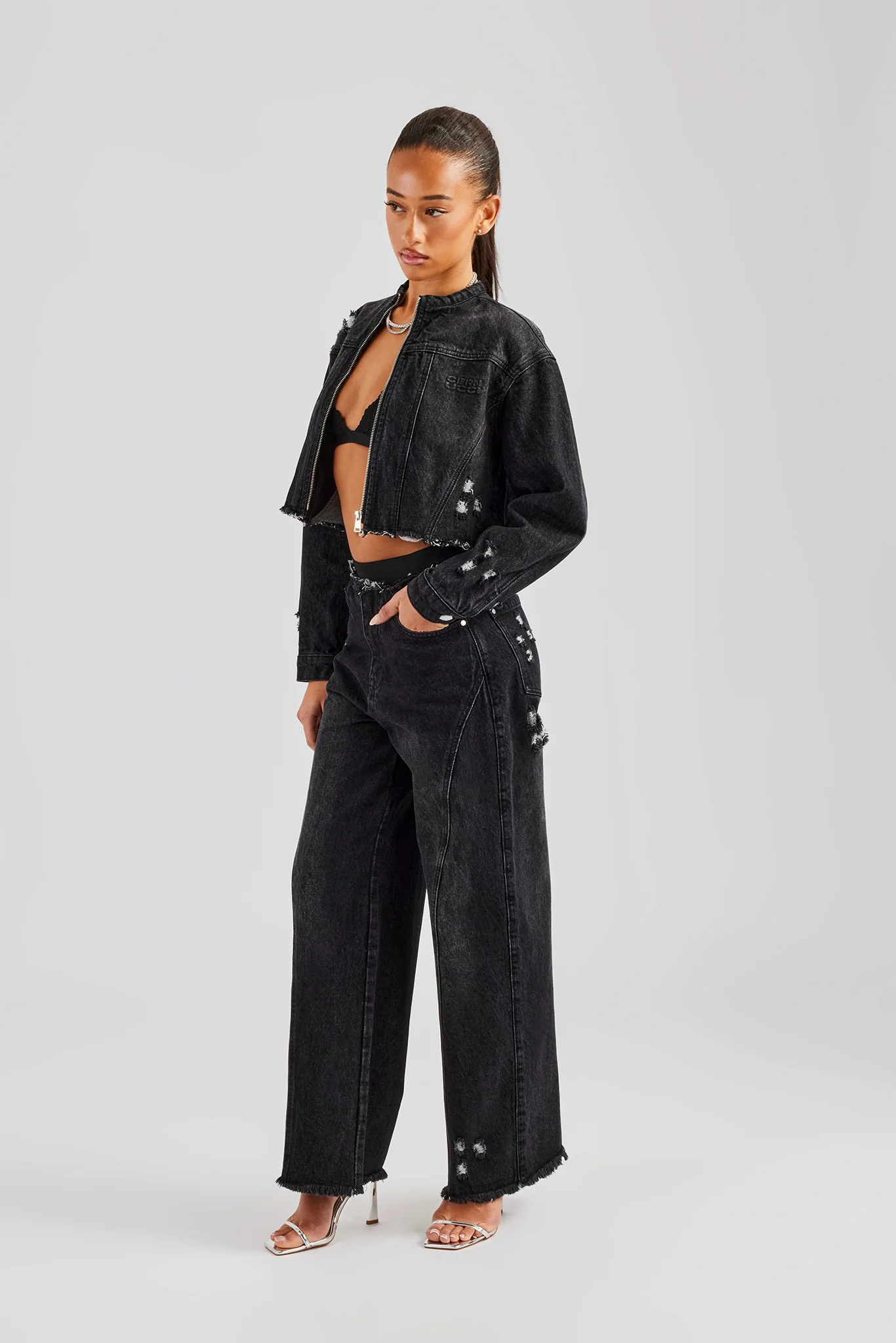 Raw Edge Denim Set - Washed Black - Image 4
