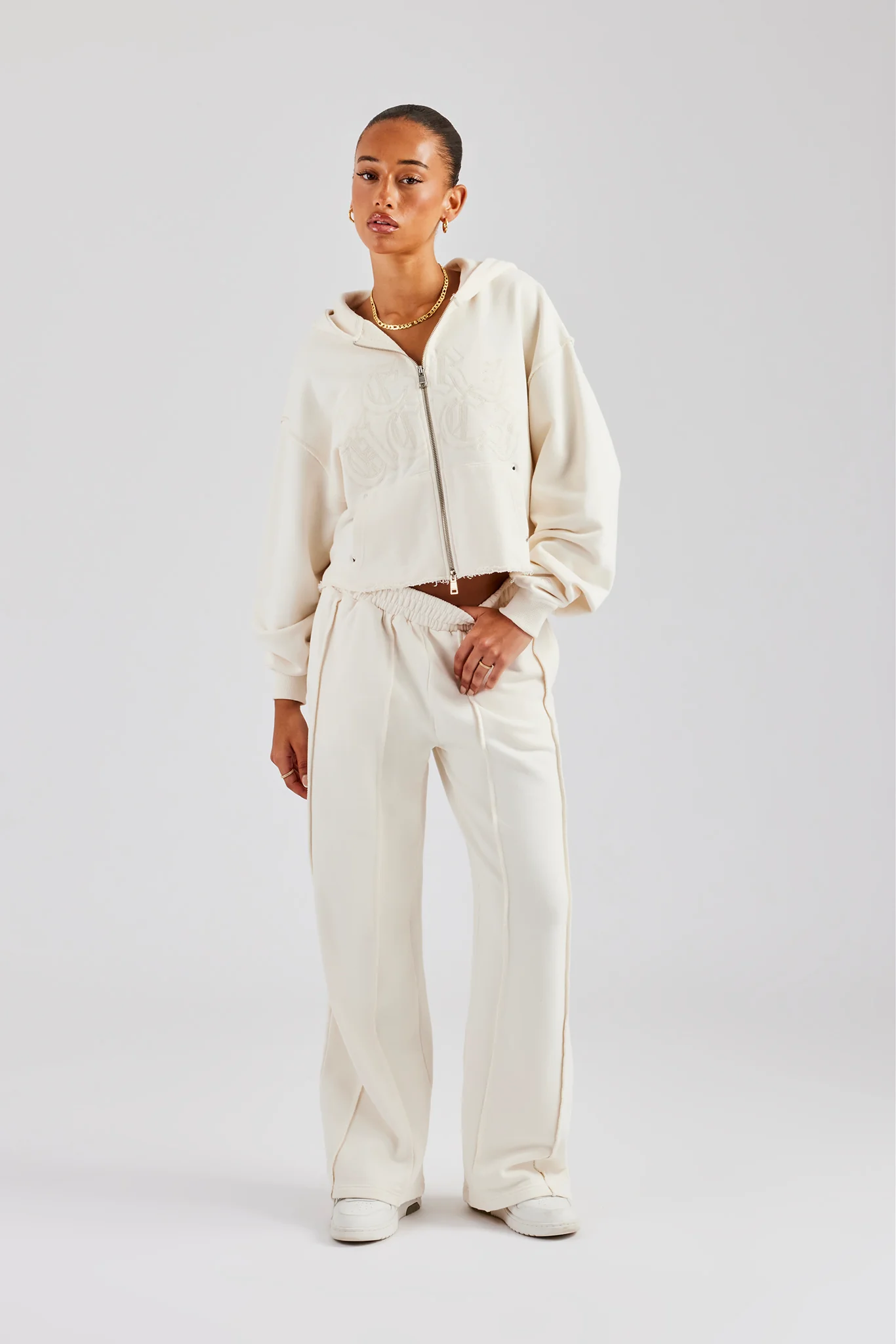 Raw Edge Zip Through Hoodie and Jogger Set - Off White - Image 2