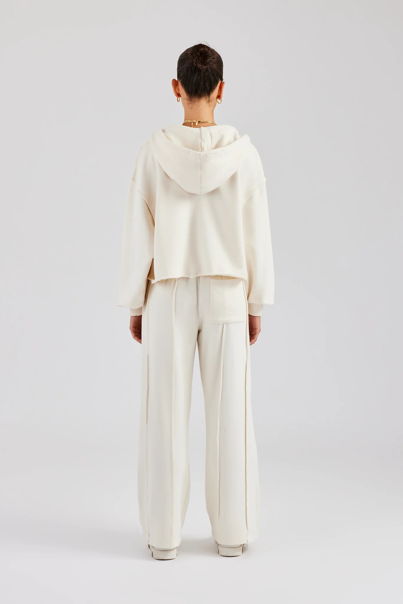 Raw Edge Zip Through Hoodie and Jogger Set - Off White - Image 3