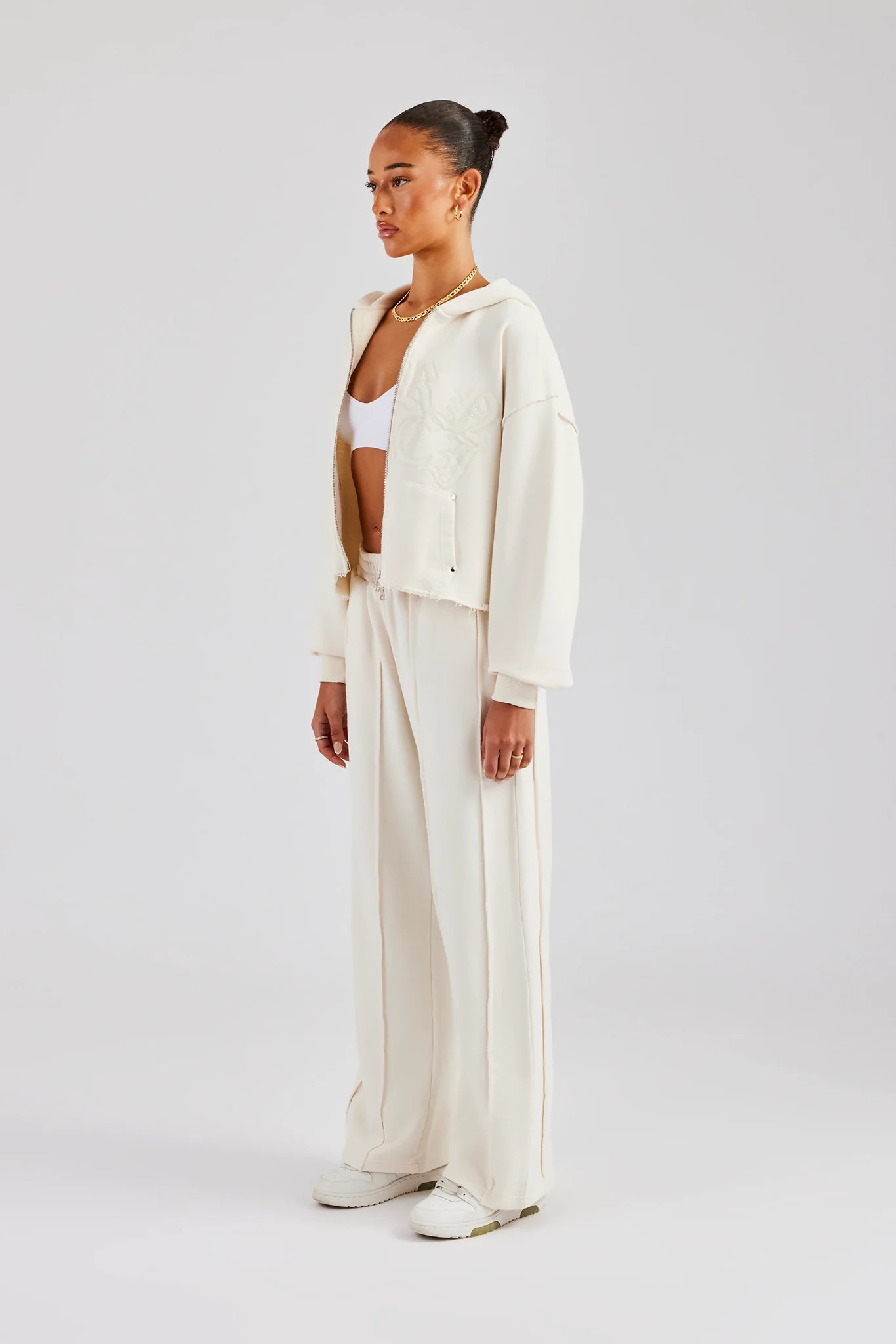 Raw Edge Zip Through Hoodie and Jogger Set - Off White - Image 4