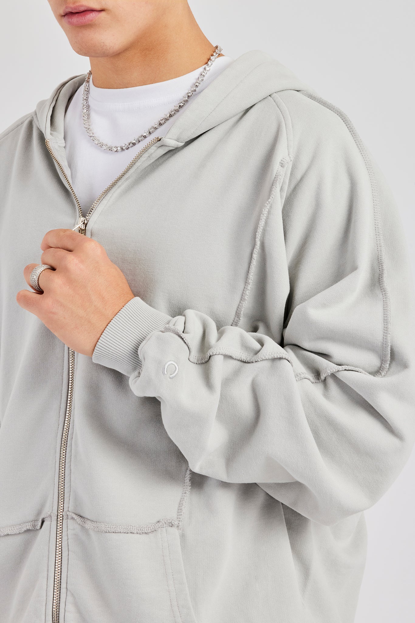 Exposed Seam Zip Through Hoodie - Ash Grey - Image 3