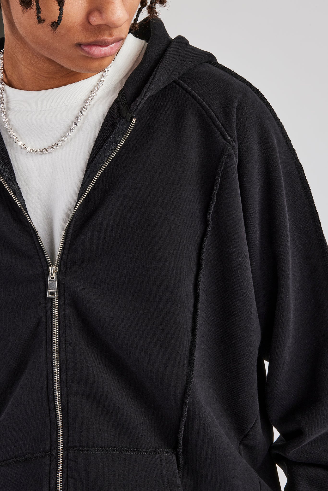 Exposed Seam Zip Through Hoodie - Black - Image 2