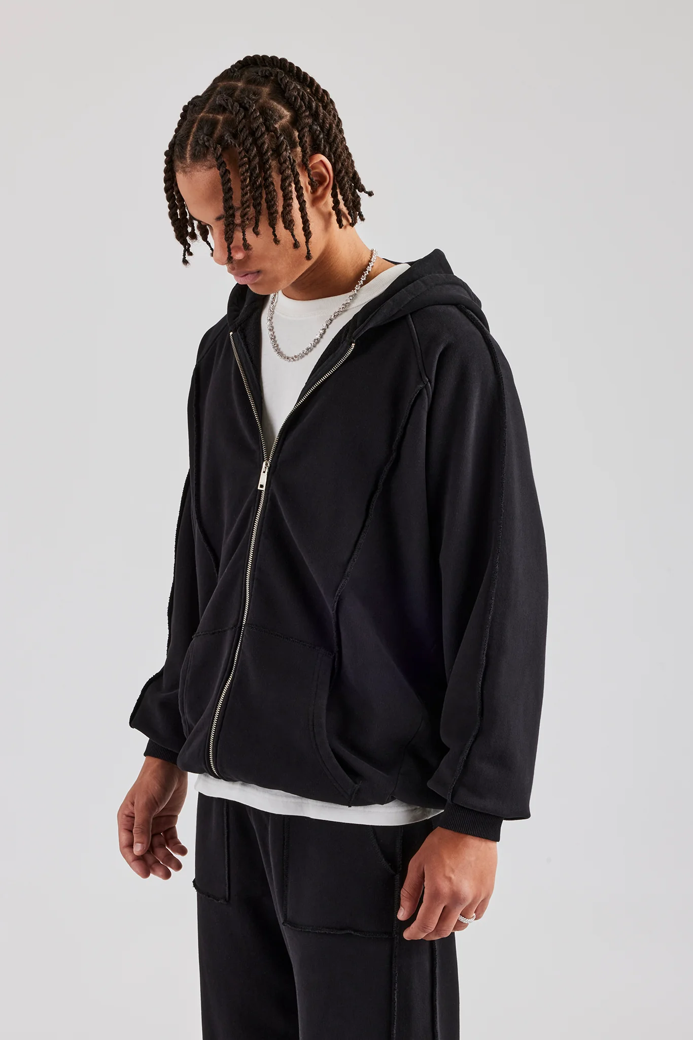 Exposed Seam Zip Through Hoodie - Black - Image 3