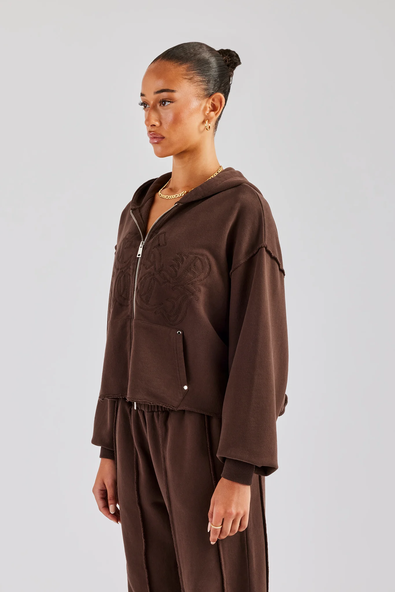 Raw Edge Zip Through Hoodie - Chocolate