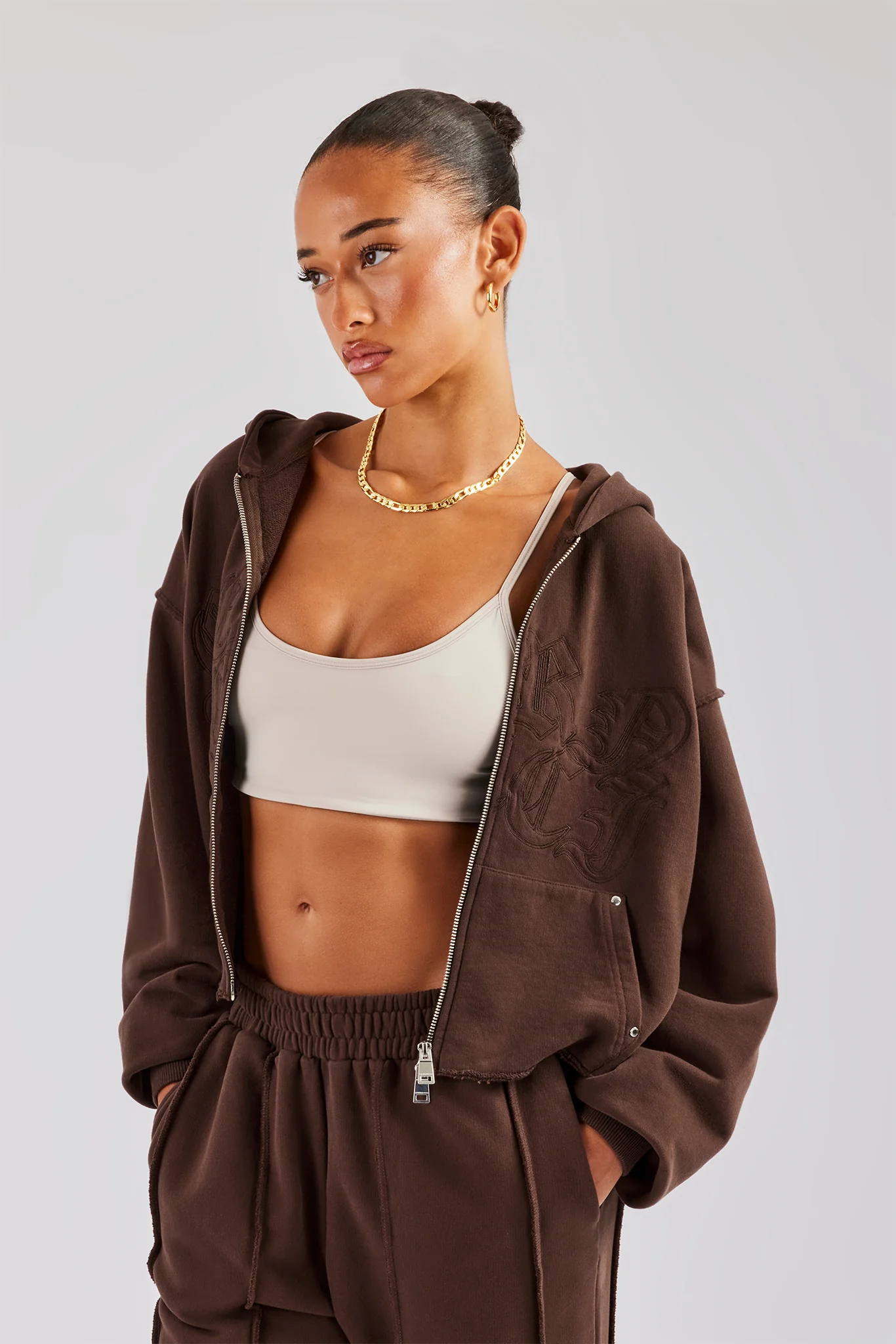 Raw Edge Zip Through Hoodie - Chocolate - Image 3