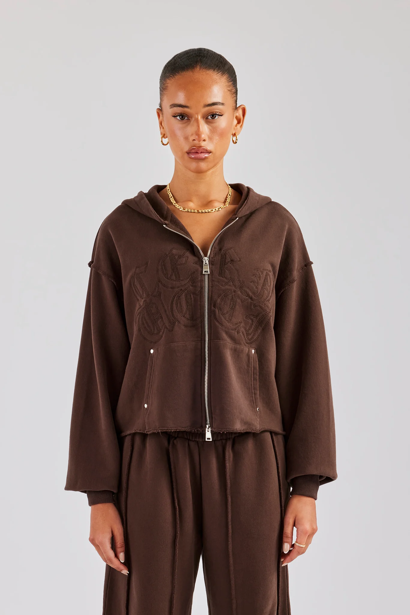 Raw Edge Zip Through Hoodie - Chocolate - Image 4
