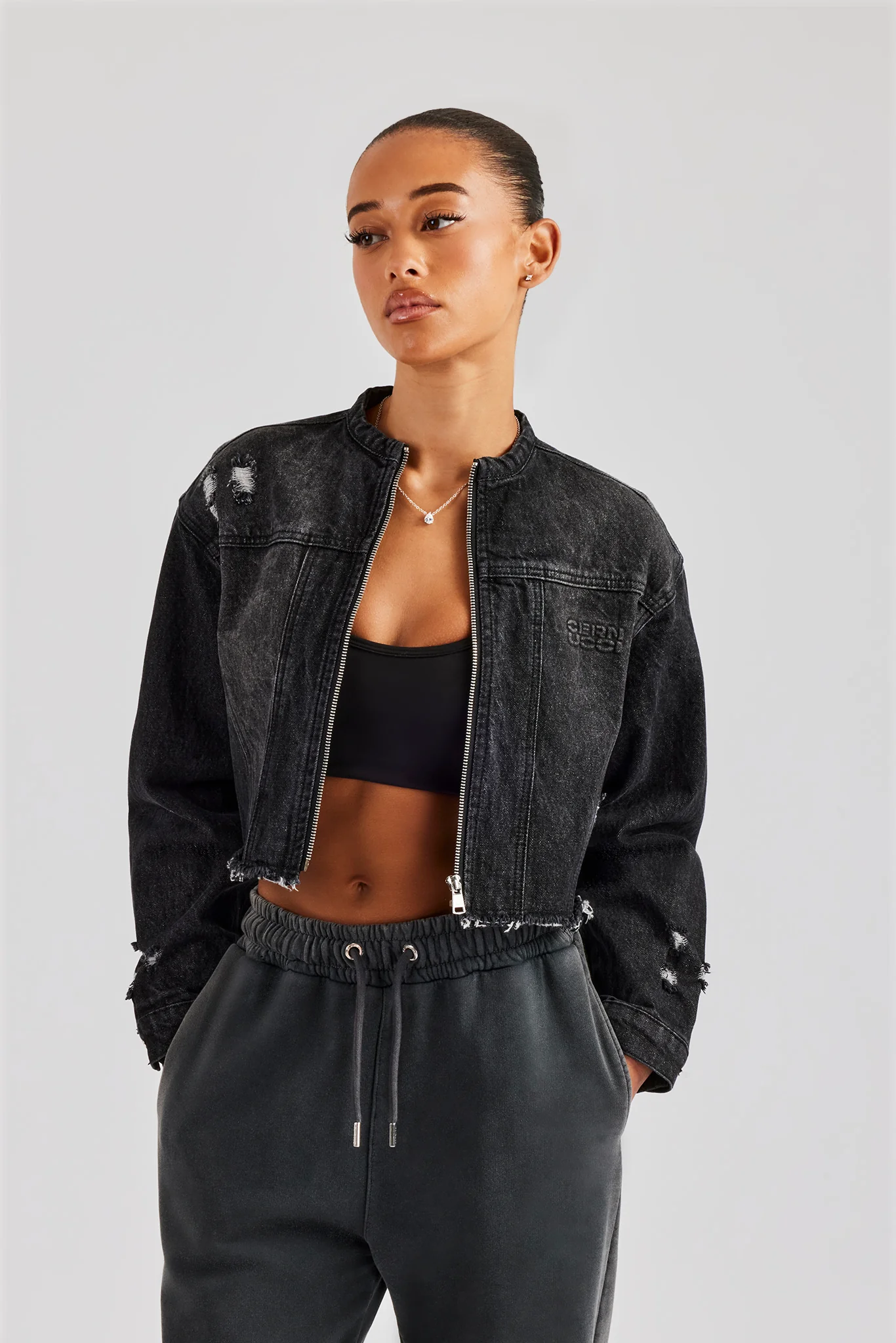 Raw Hem Denim Collarless Jacket - Washed Black - Image 3