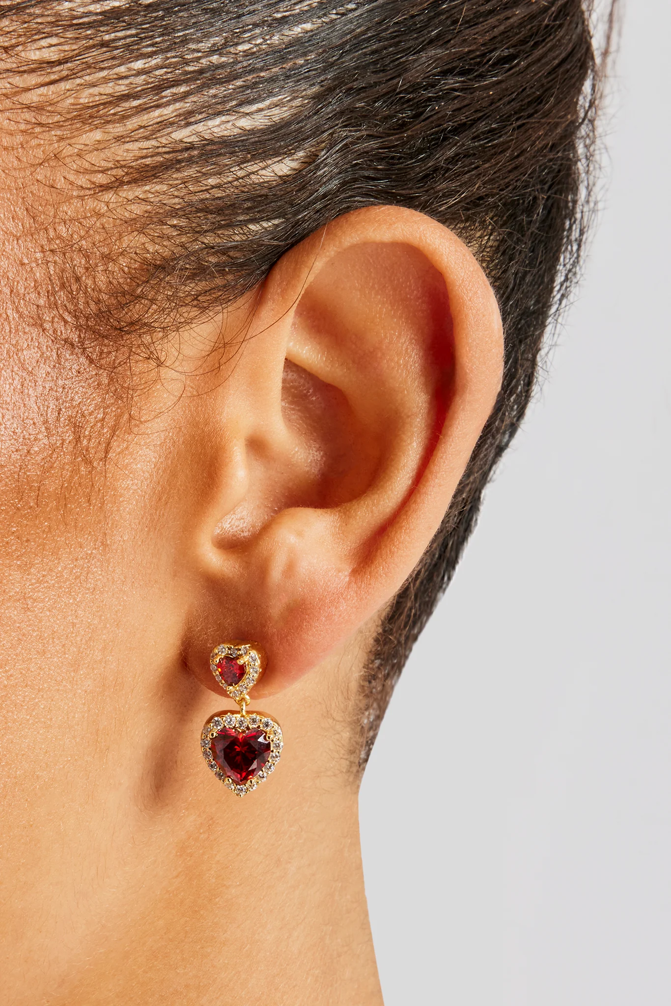 Red Double Heart Drop Earrings - Gold - 25mm - Image 2
