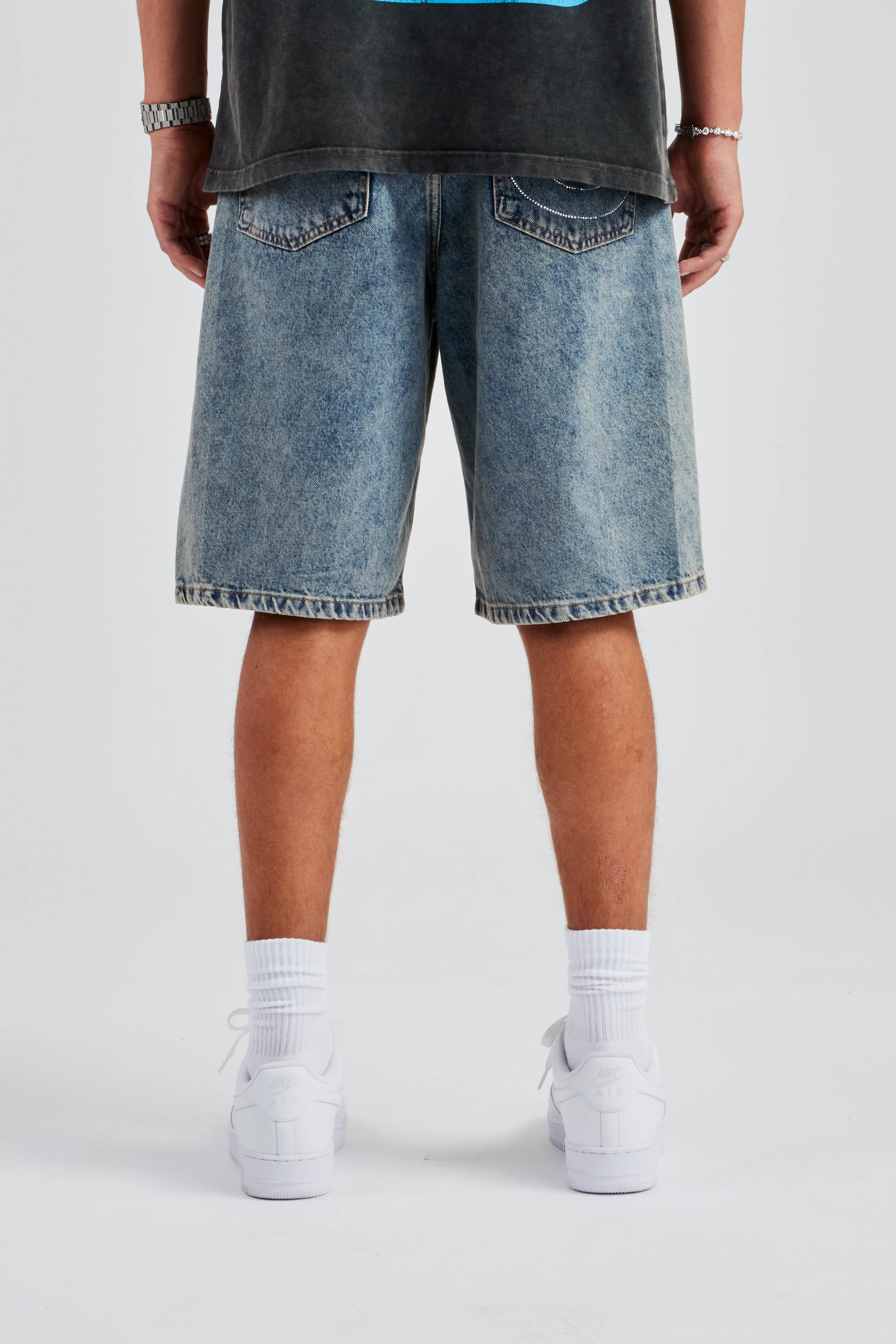 Relaxed Rhinestone Motif Bermuda Jorts - Mid Blue - Image 3