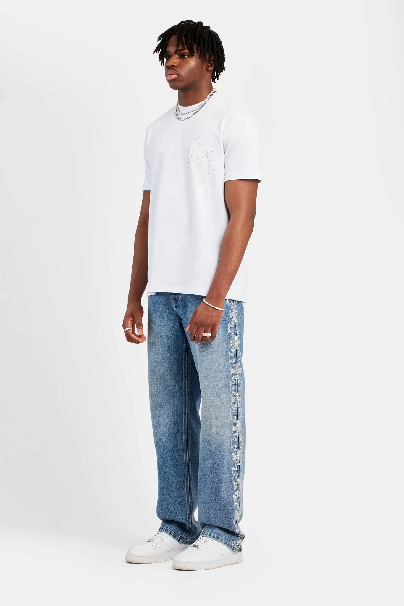 Relaxed Rhinestone Motif Jeans - Mid Blue - Image 2