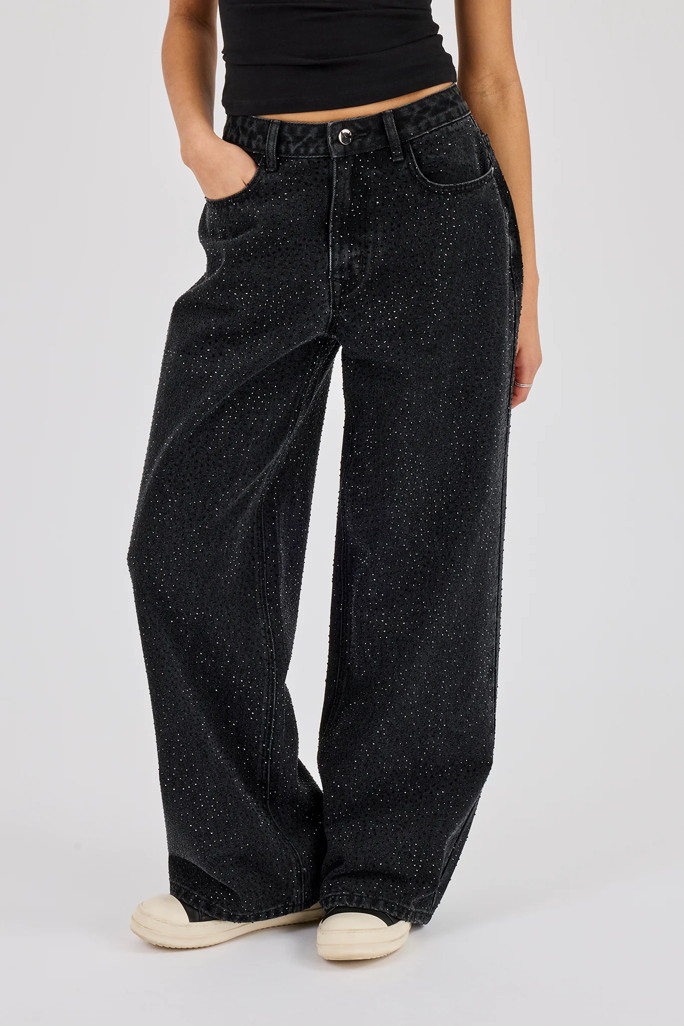 Rhinestone Baggy Low Rise Jean - Washed Black - Image 2