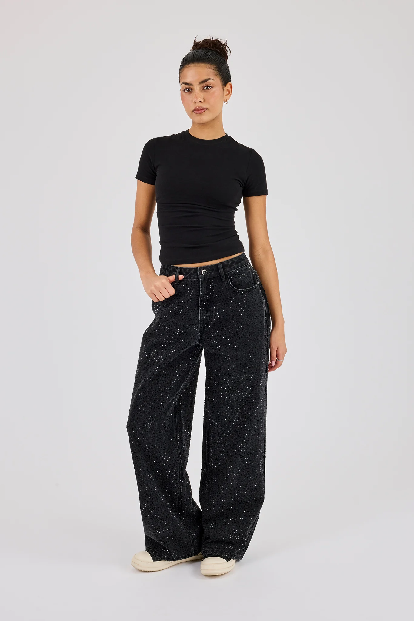 Rhinestone Baggy Low Rise Jean - Washed Black - Image 3