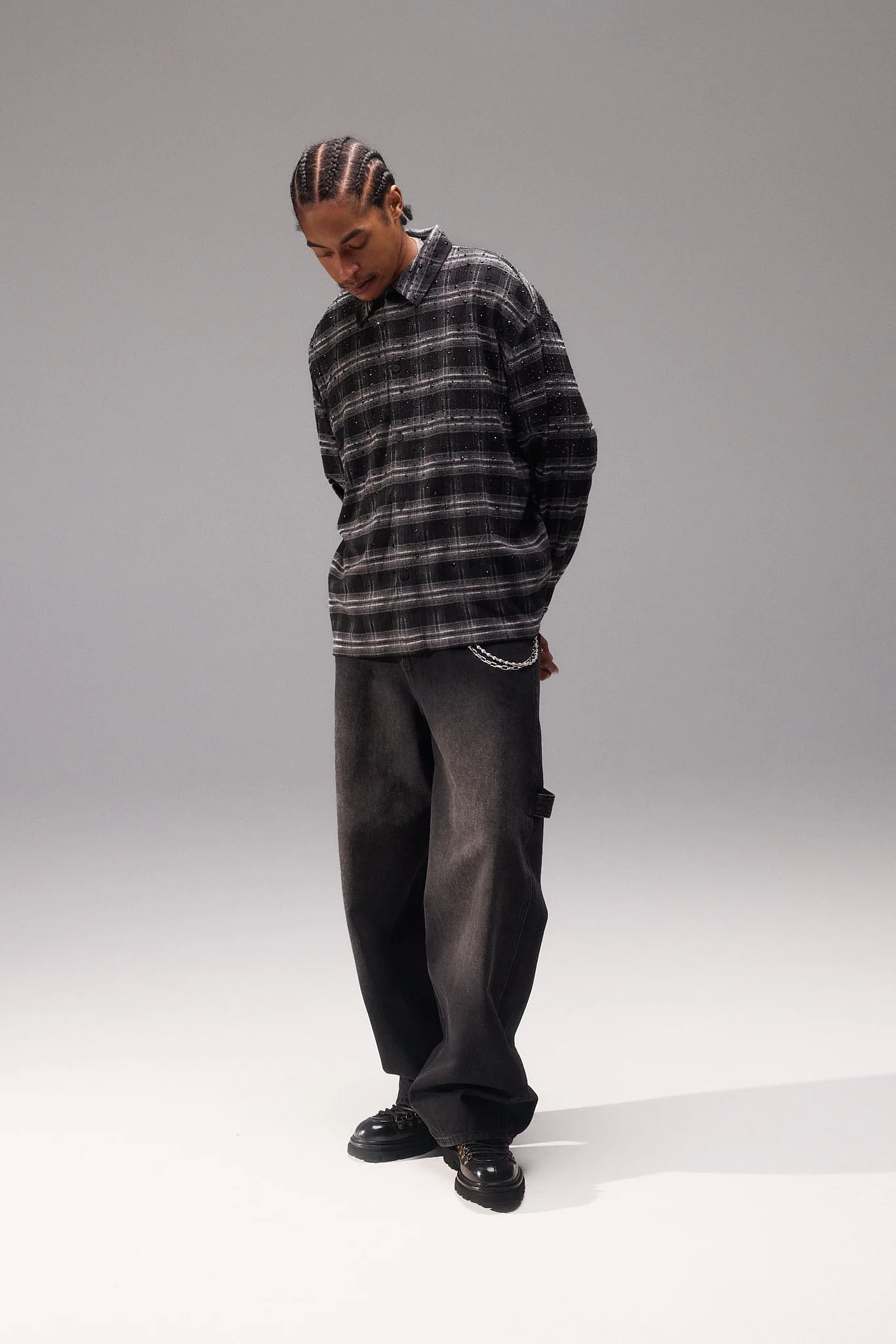 Rhinestone Check Shirt - Black - Image 4