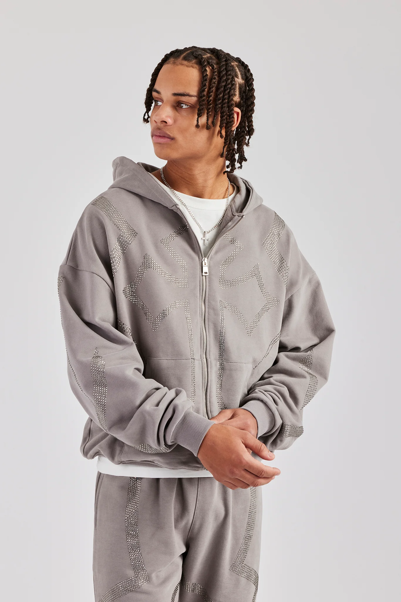 Rhinestone Cross Zip Through Hoodie - Charcoal