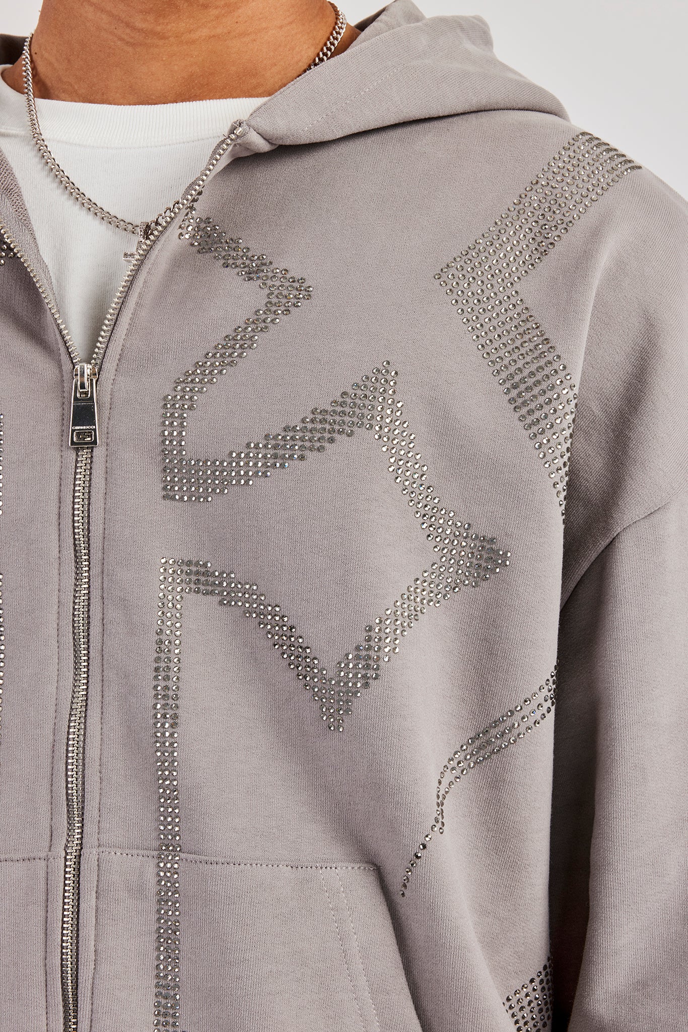 Rhinestone Cross Zip Through Hoodie - Charcoal - Image 2