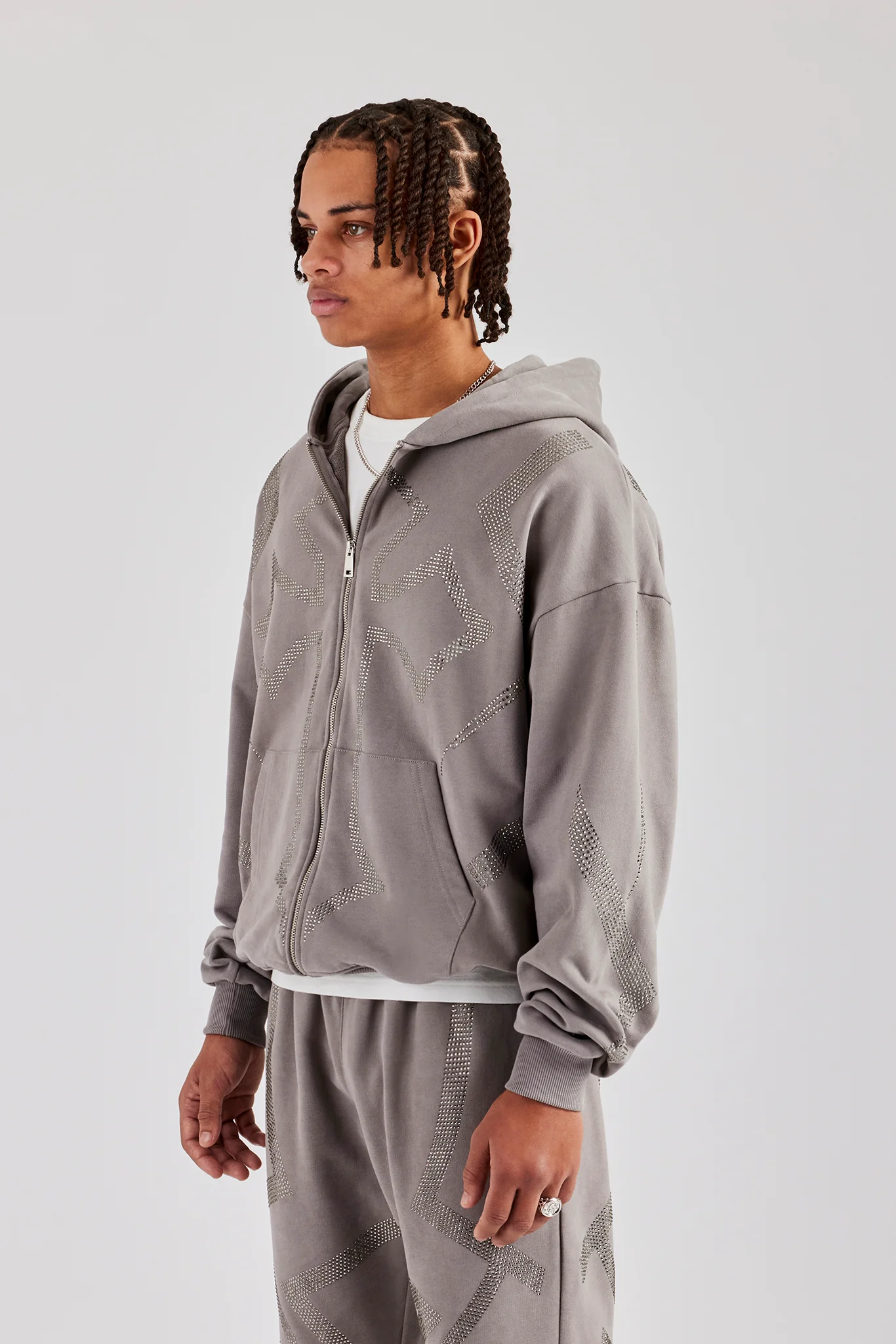 Rhinestone Cross Zip Through Hoodie - Charcoal - Image 4