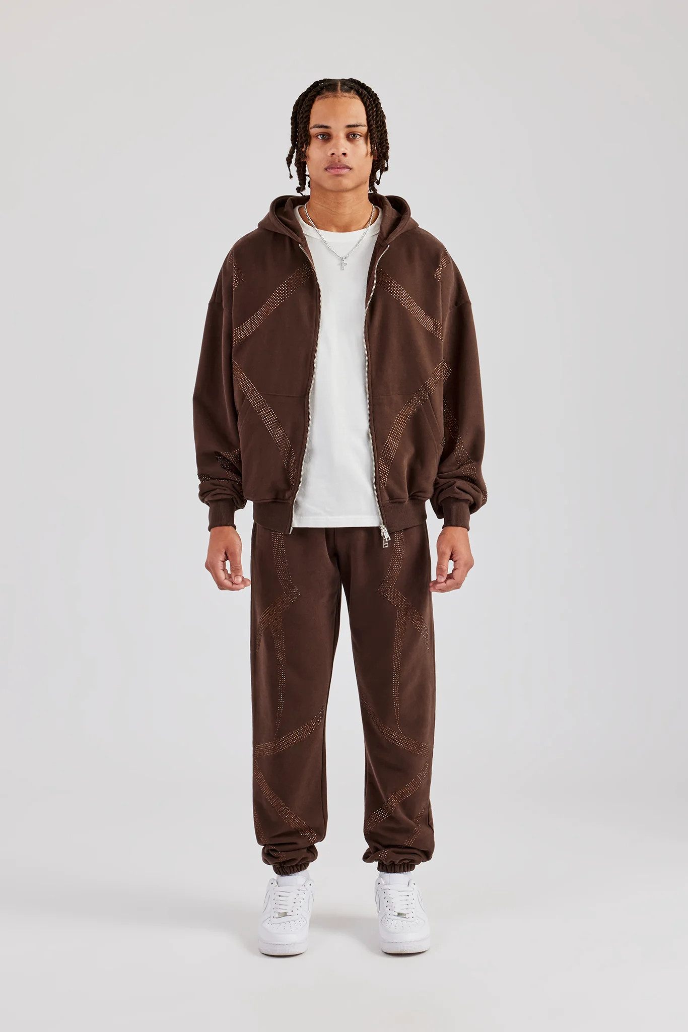 Rhinestone Cross Zip Through Tracksuit - Brown - Image 4