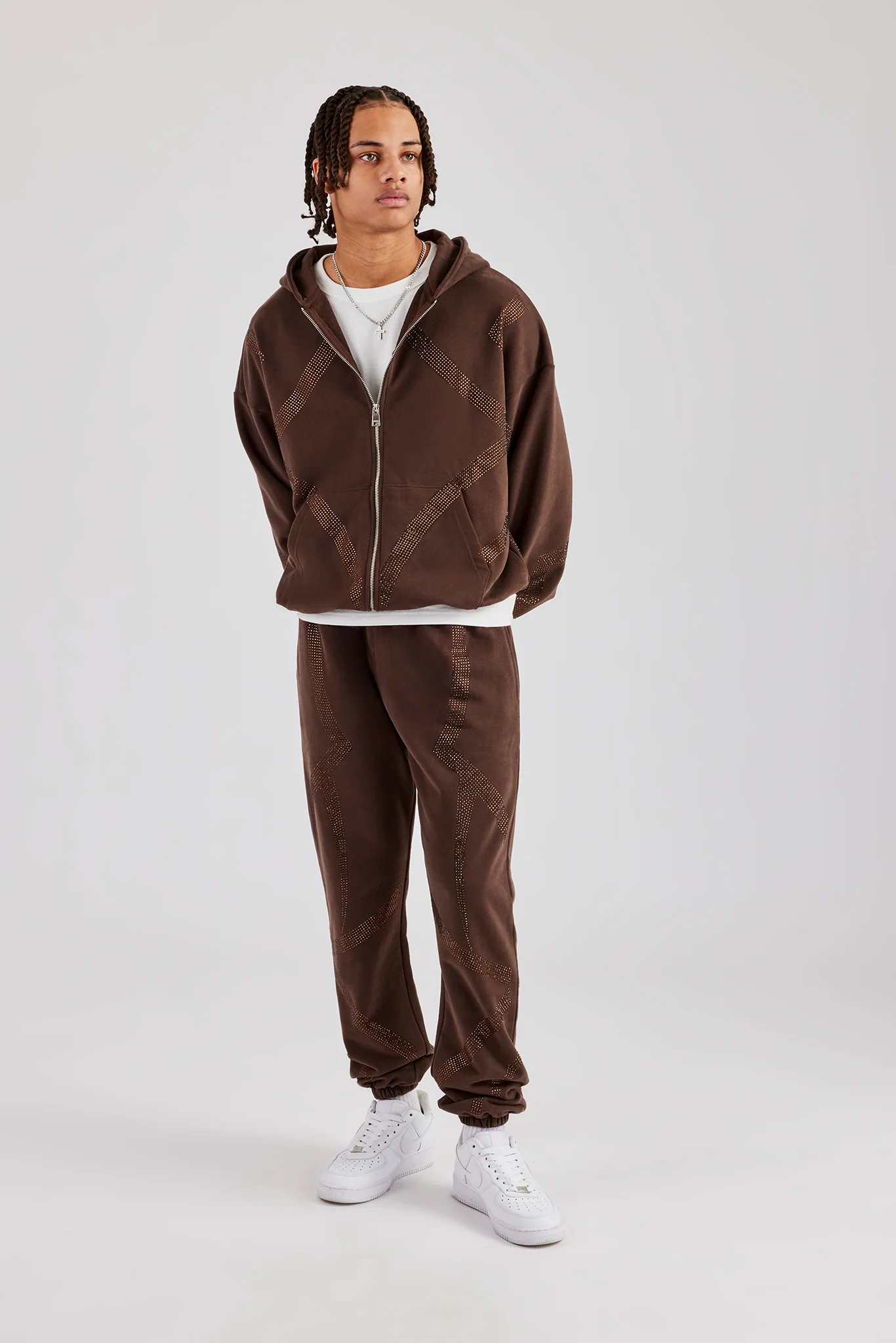 Rhinestone Cross Zip Through Tracksuit - Brown - Image 5