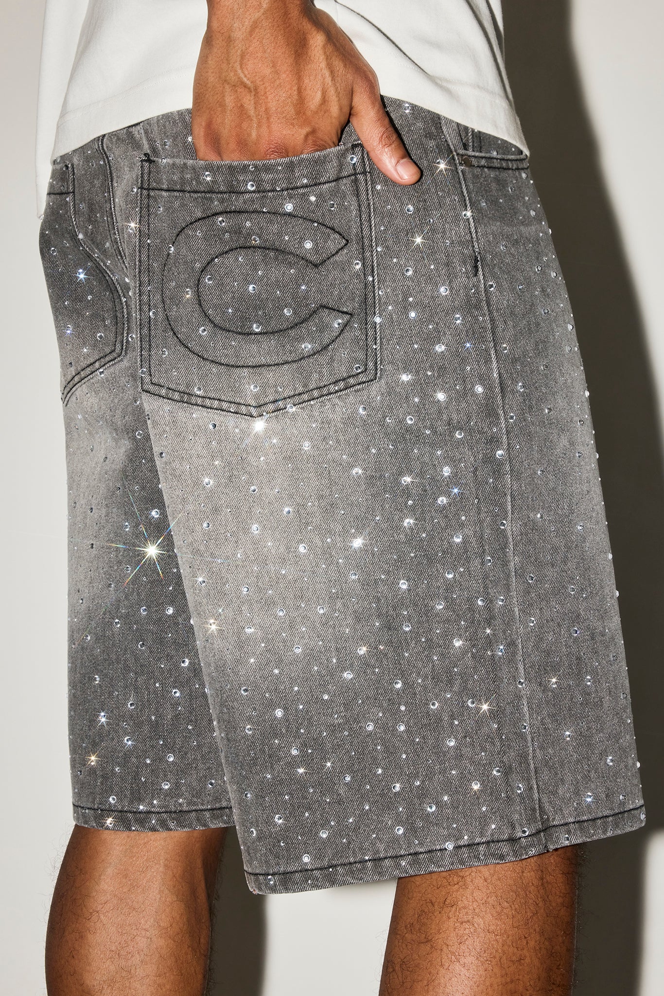 Rhinestone Denim Jort - Washed Grey - Image 4