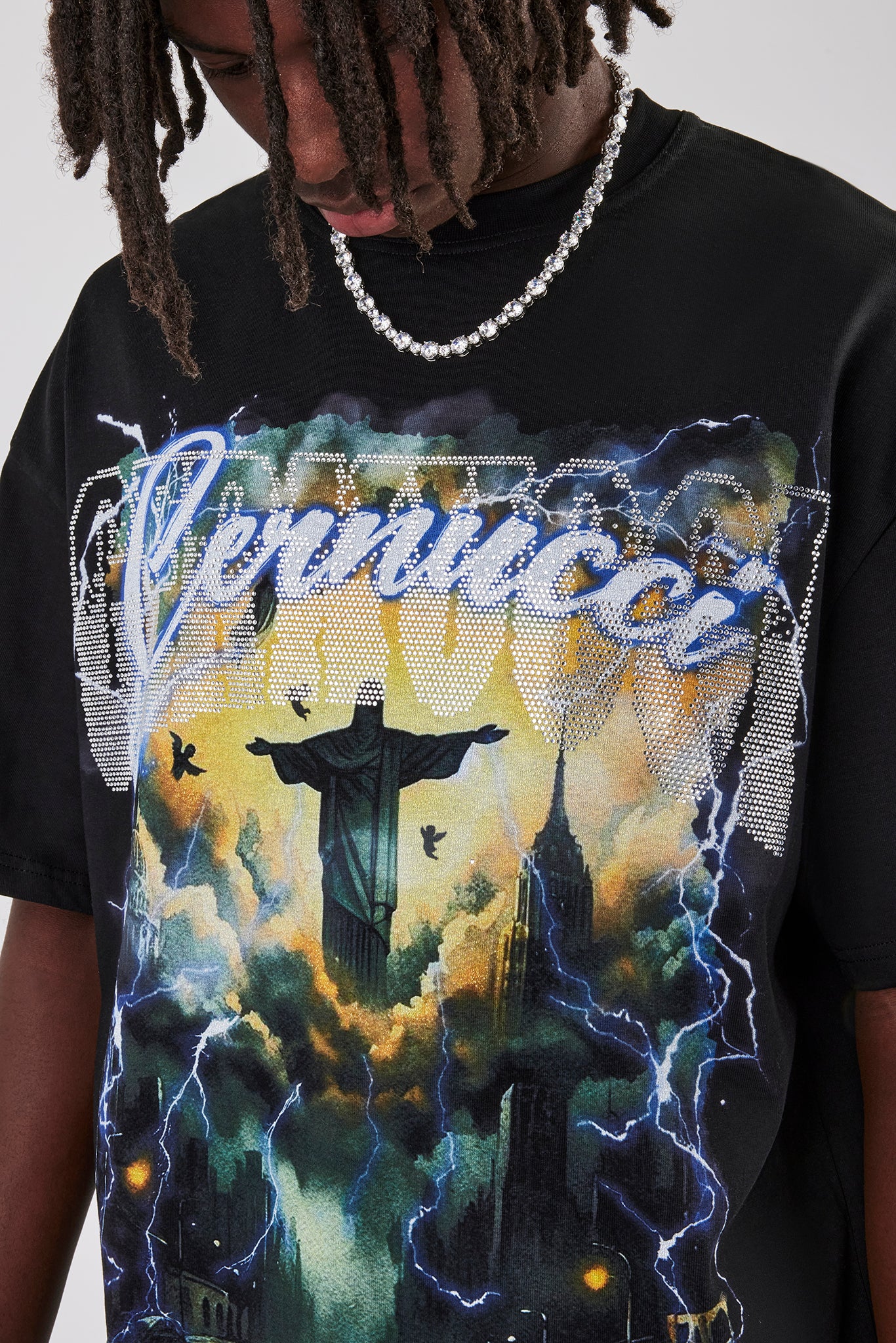 Rhinestone Lightning Oversized T-Shirt - Black - Image 2