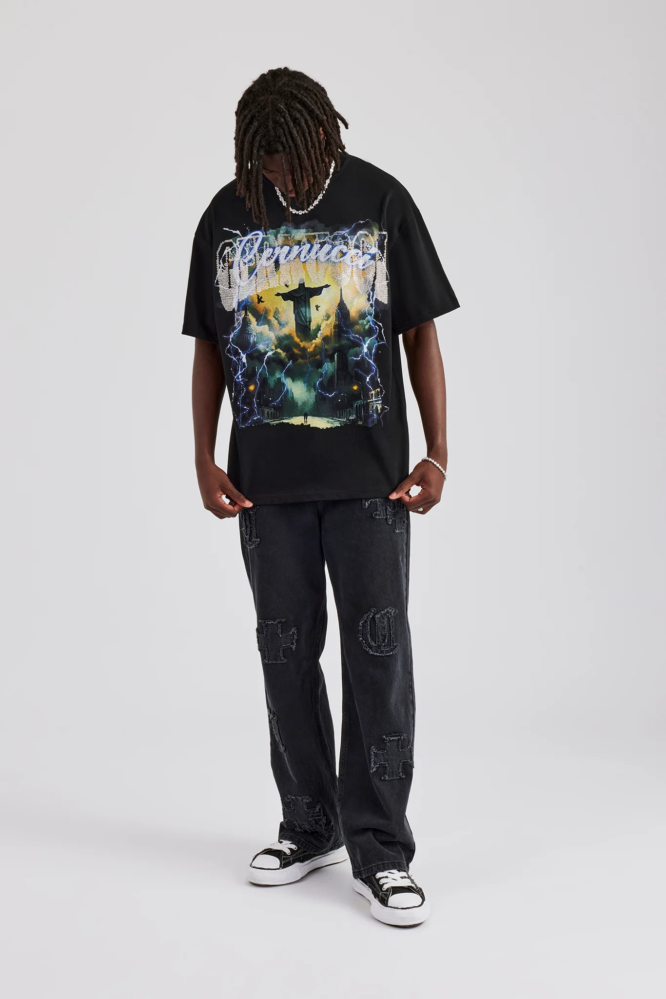 Rhinestone Lightning Oversized T-Shirt - Black - Image 4