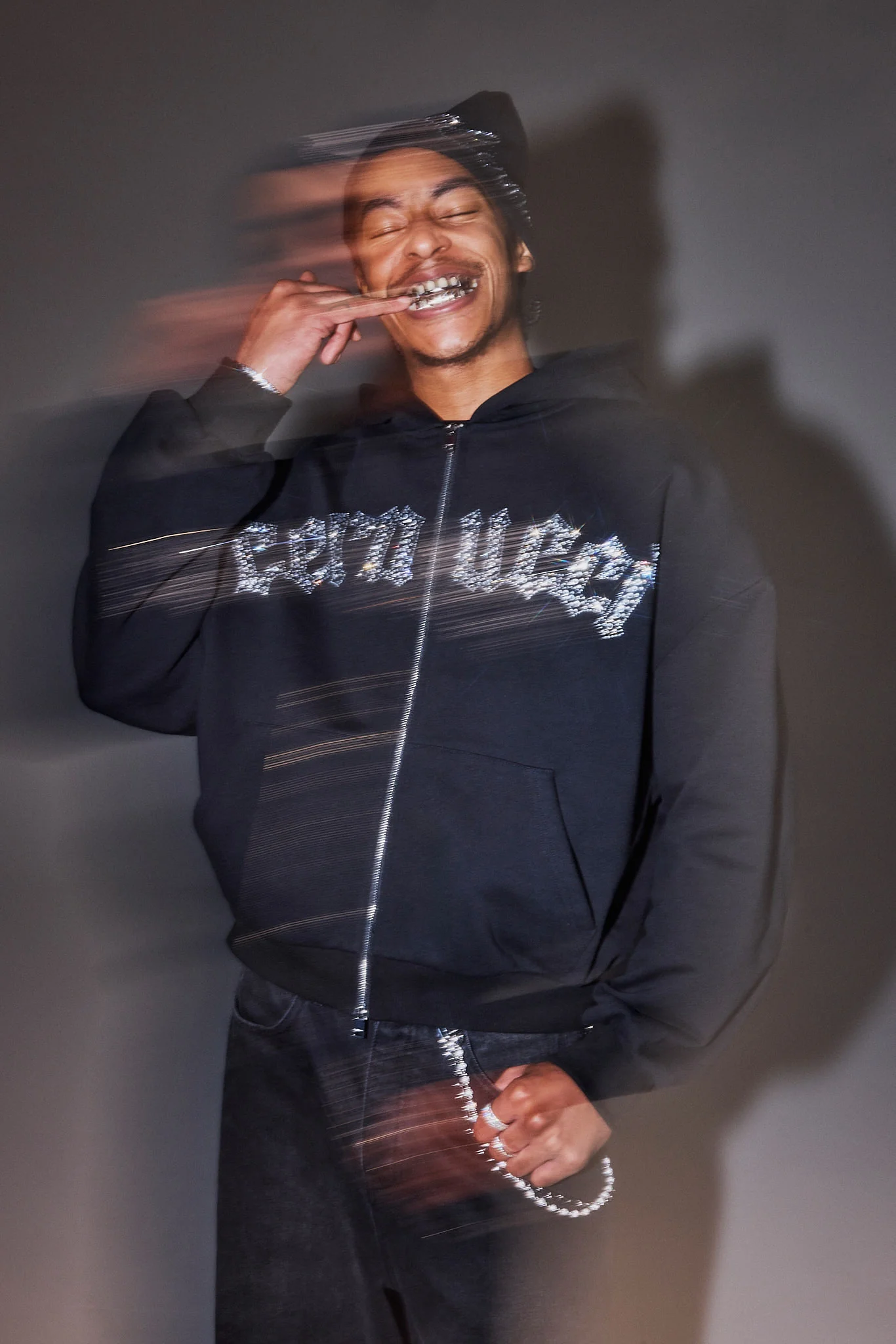 Rhinestone Logo Zip Hoodie - Black - Image 2