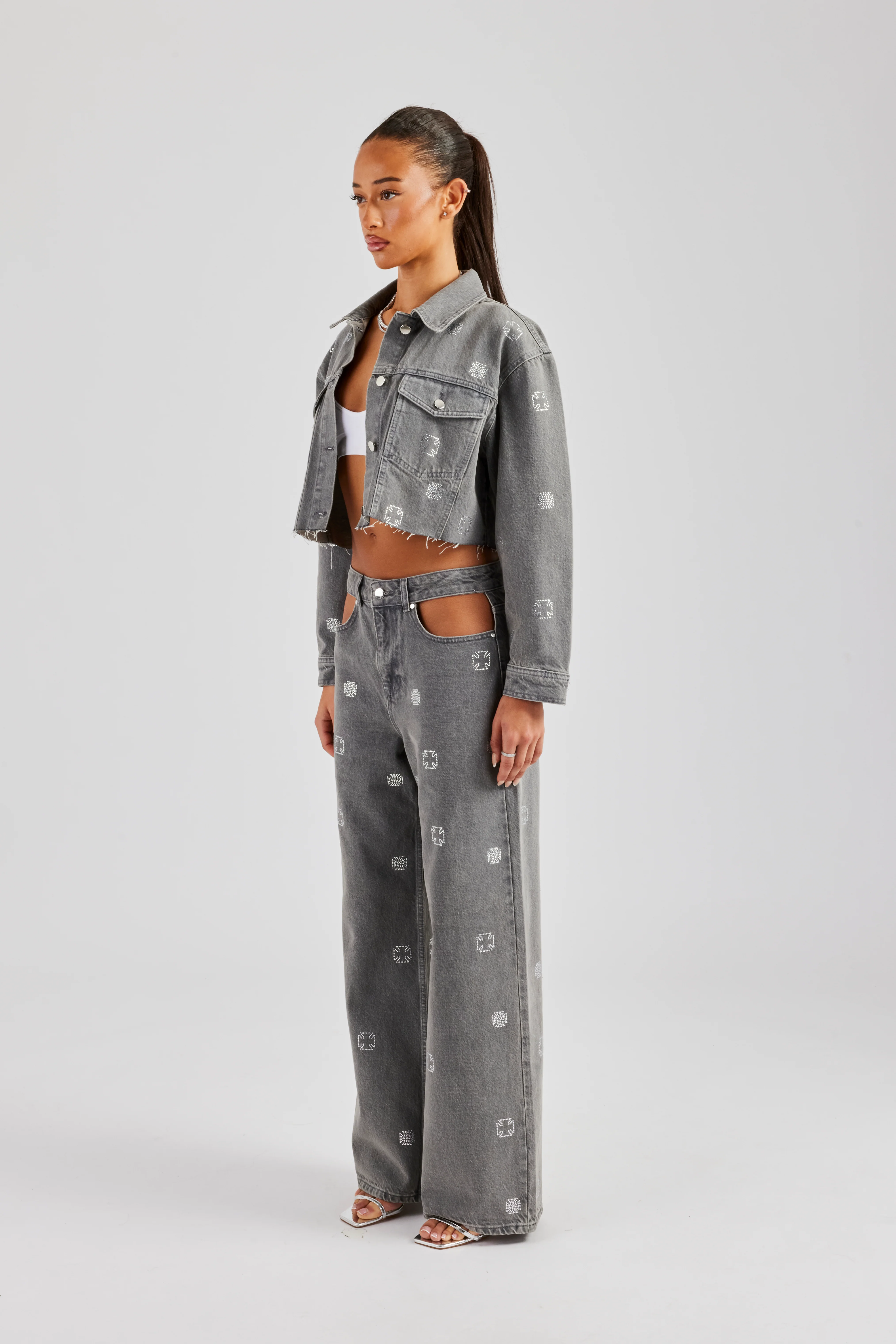 Rhinestone Motif Denim Jacket and Jean Set - Washed Grey - Image 2