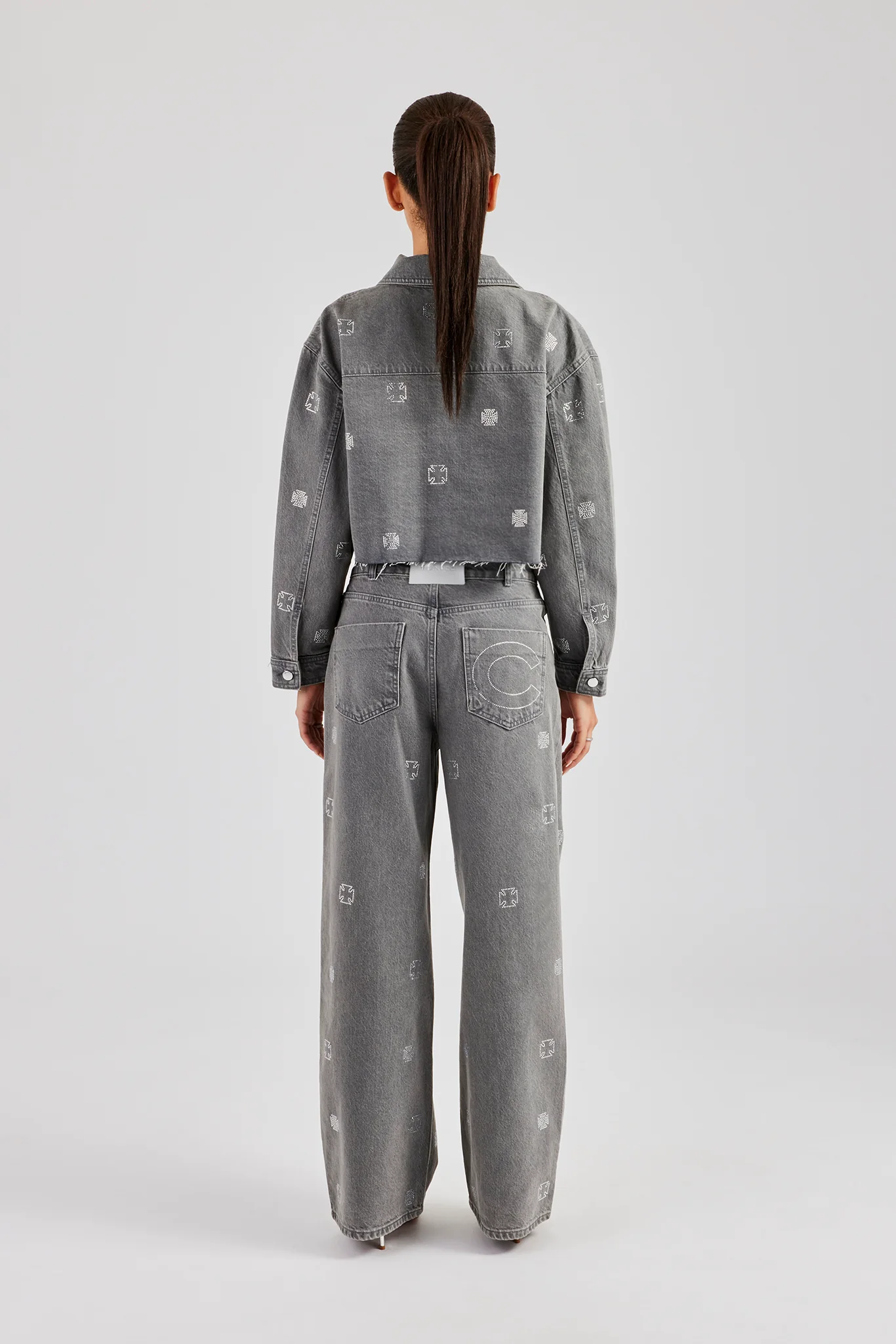 Rhinestone Motif Denim Jacket and Jean Set - Washed Grey - Image 6