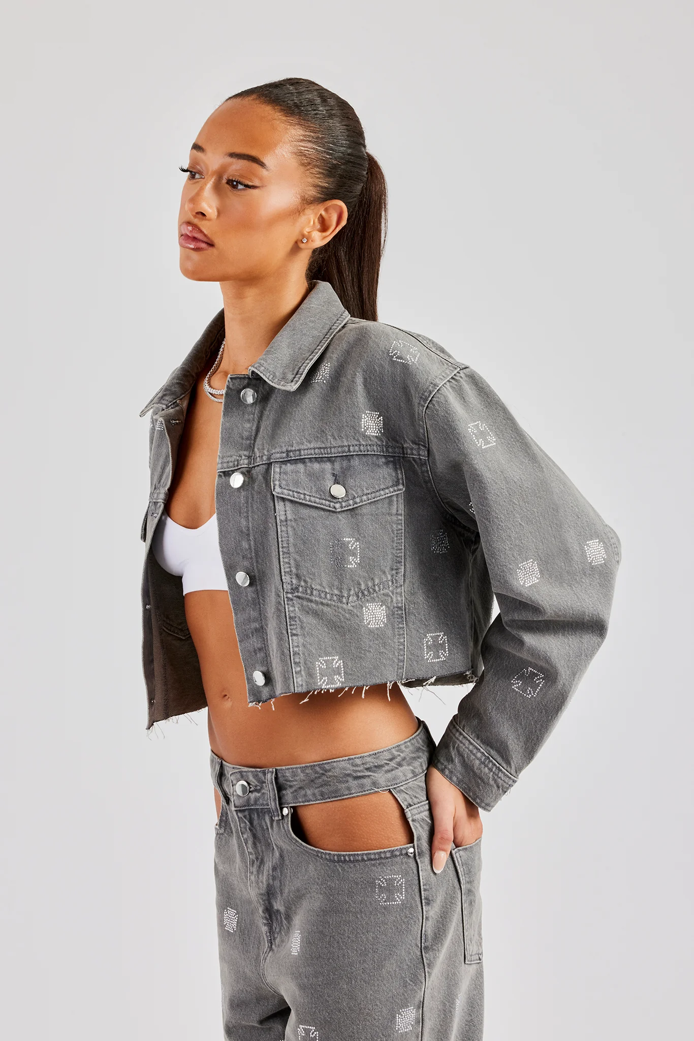 Rhinestone Motif Relaxed Denim Jacket - Washed Grey