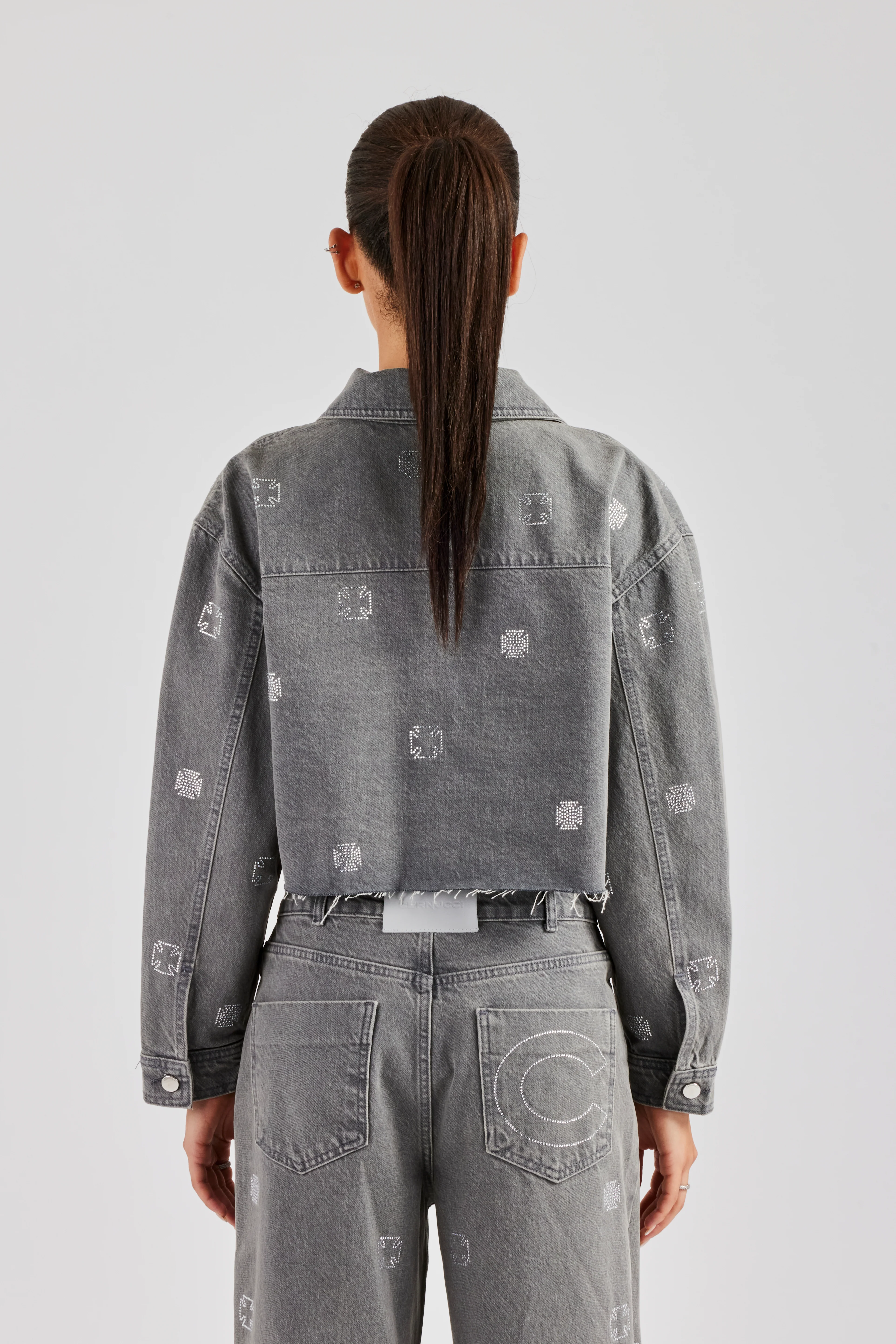 Rhinestone Motif Relaxed Denim Jacket - Washed Grey - Image 4