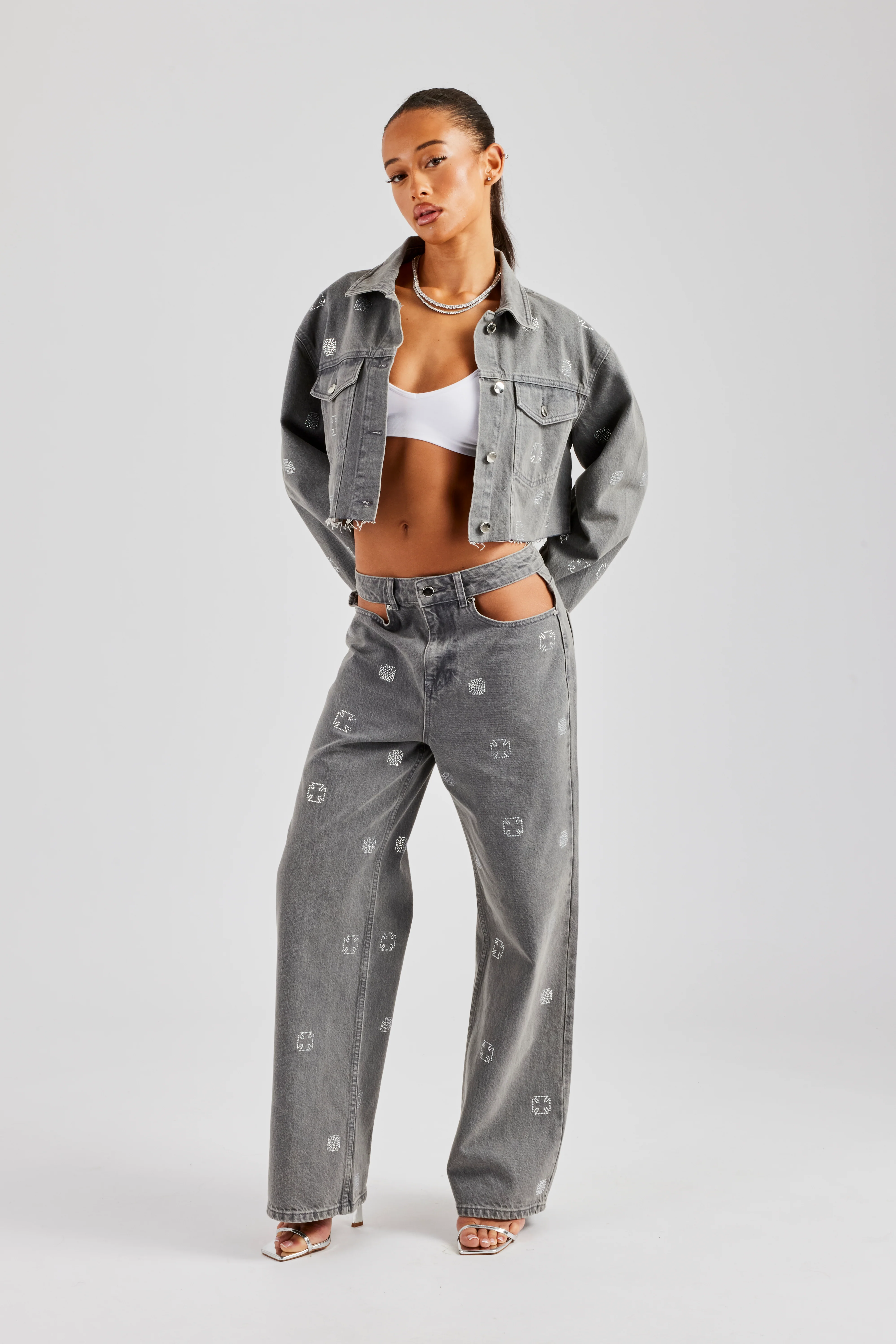 Rhinestone Motif Relaxed Denim Jean - Washed Grey - Image 2