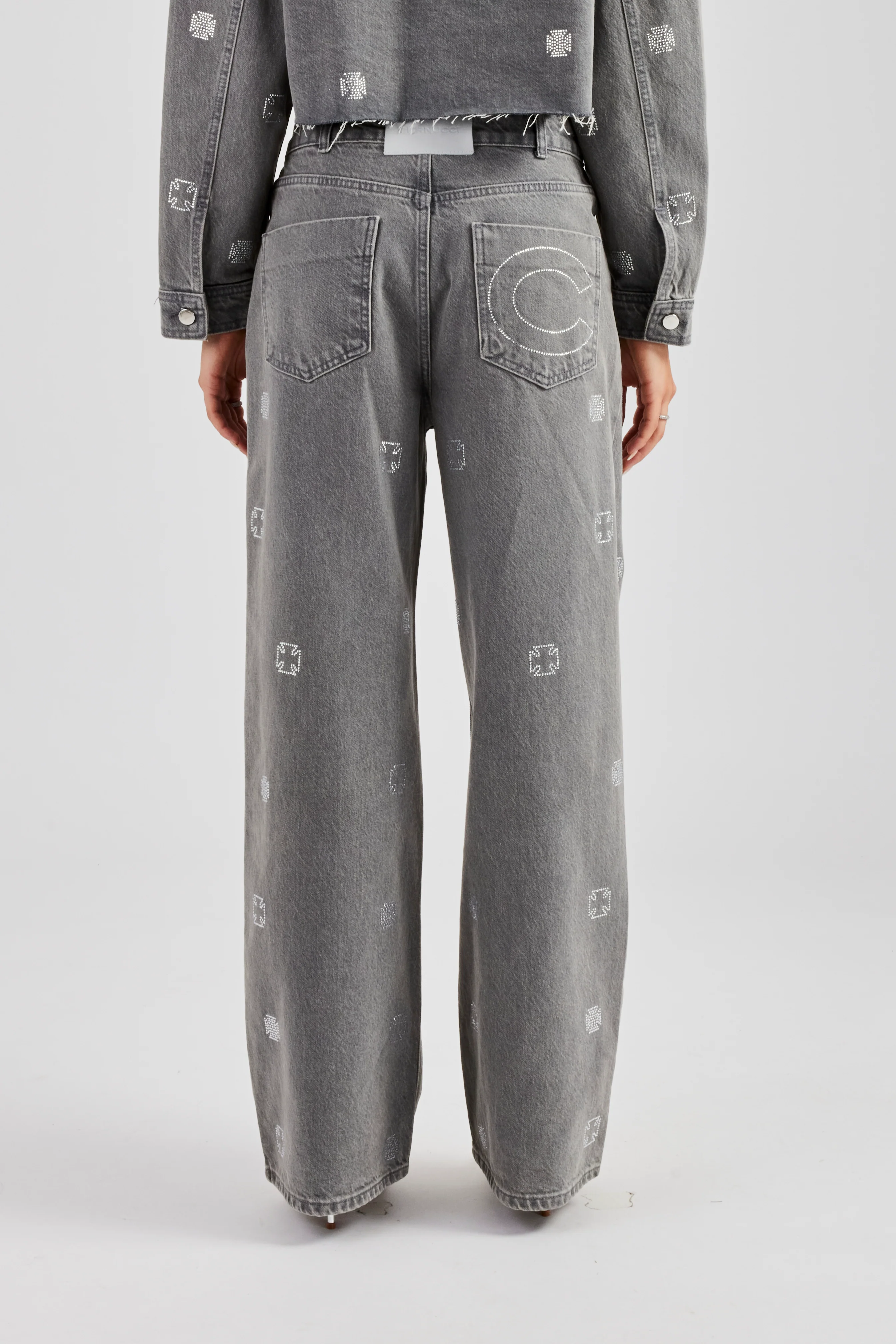 Rhinestone Motif Relaxed Denim Jean - Washed Grey - Image 5