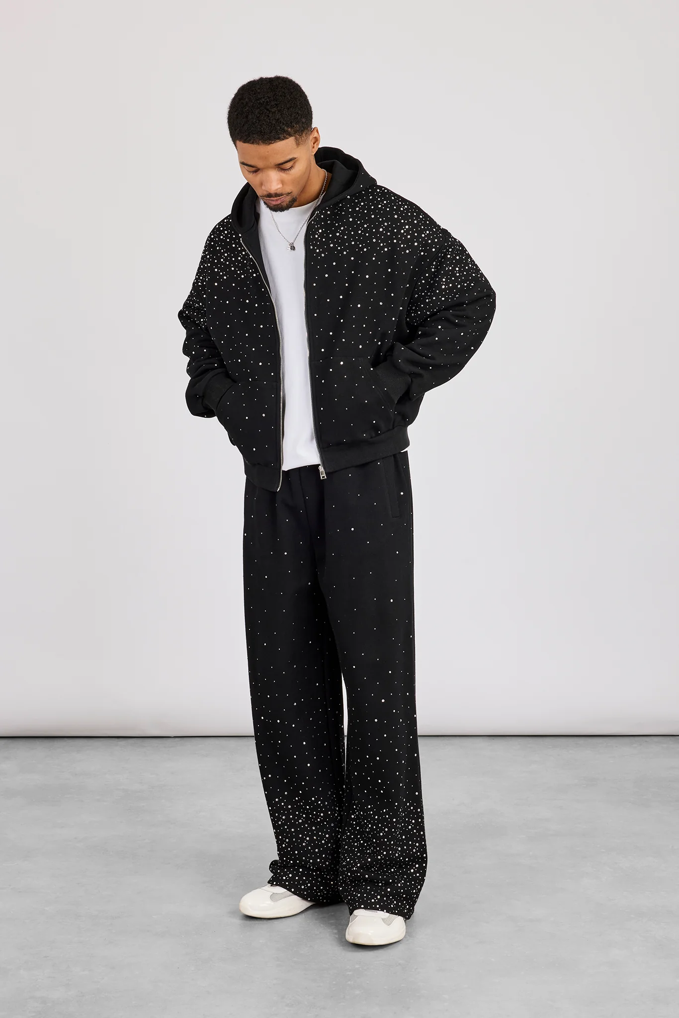 Rhinestone Zip Through Tracksuit - Black - Image 2