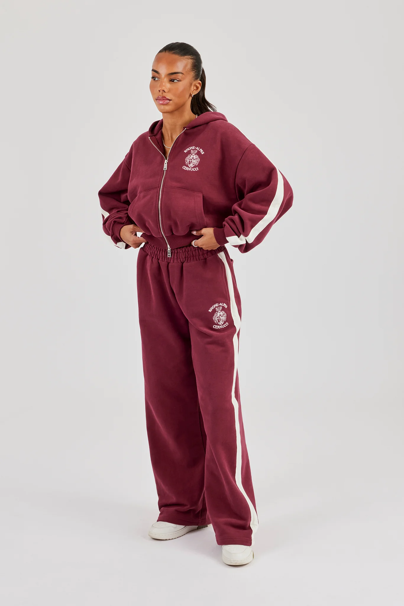 Rhone Alpes Boxy Zip Through Hoodie & Wide Leg Jogger - Burgundy - Image 2