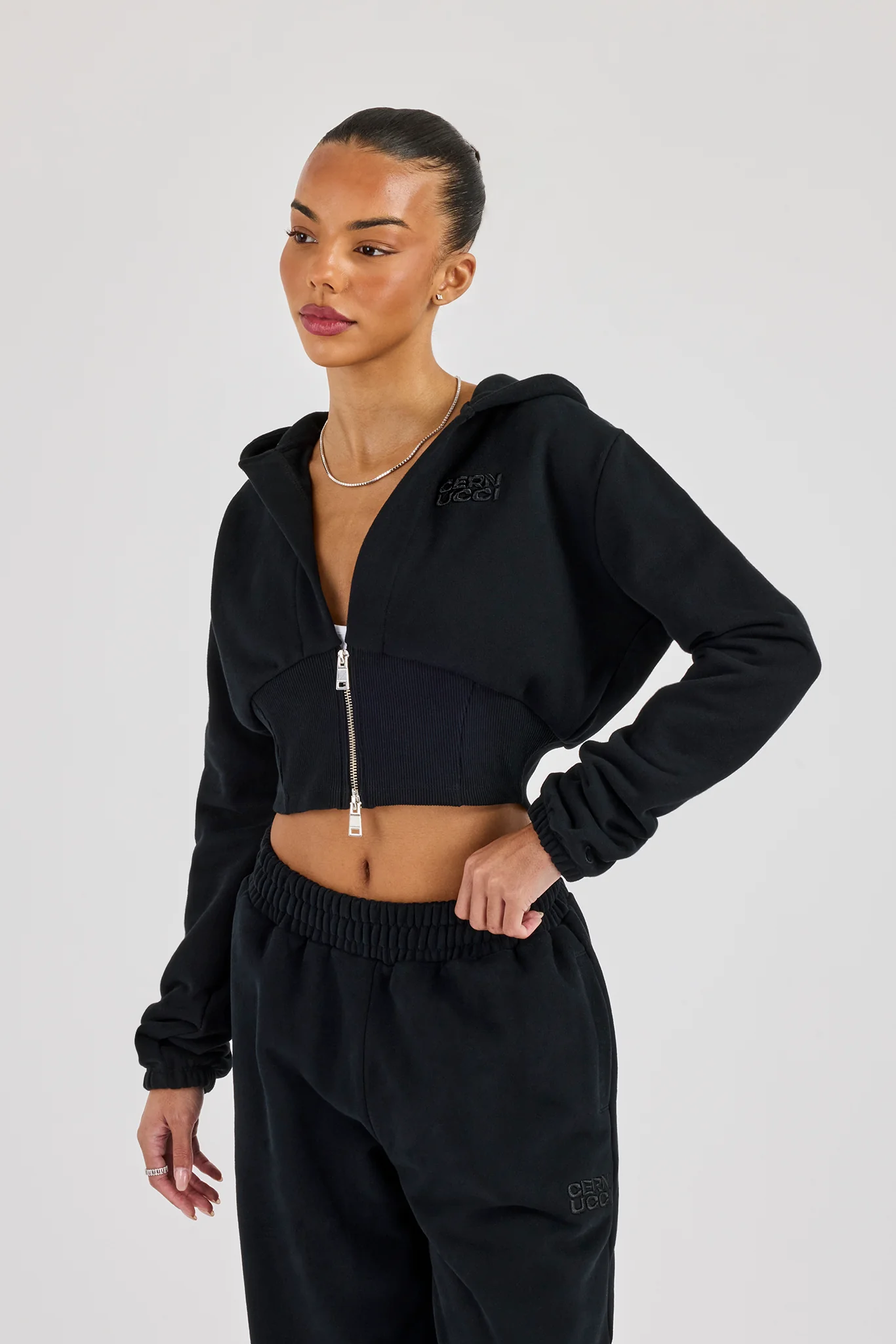 Rib Contrast Fitted Zip Hoodie - Black - Image 4