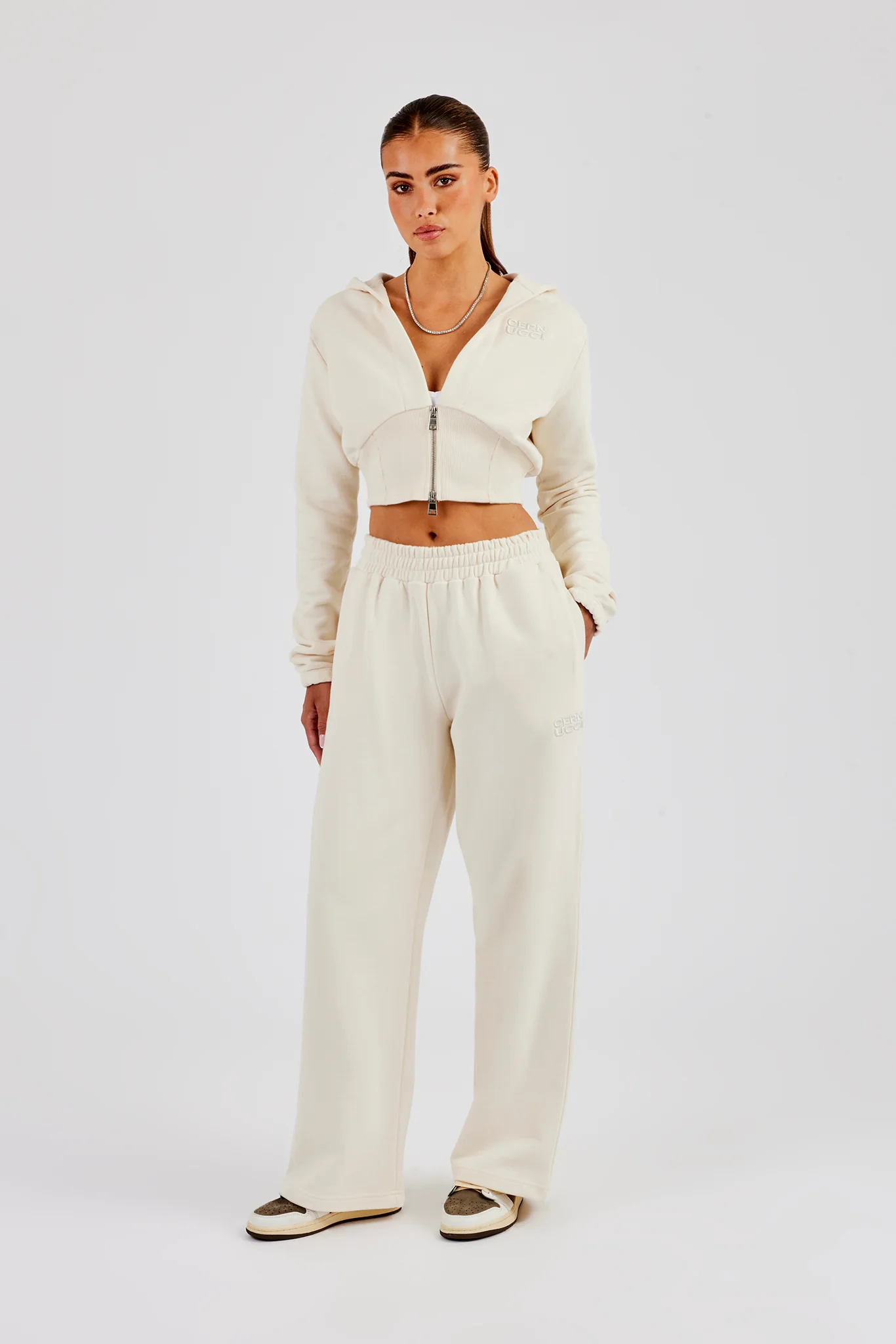 Rib Contrast Fitted Zip Hoodie & Wide Leg Jogger - Off White - Image 4