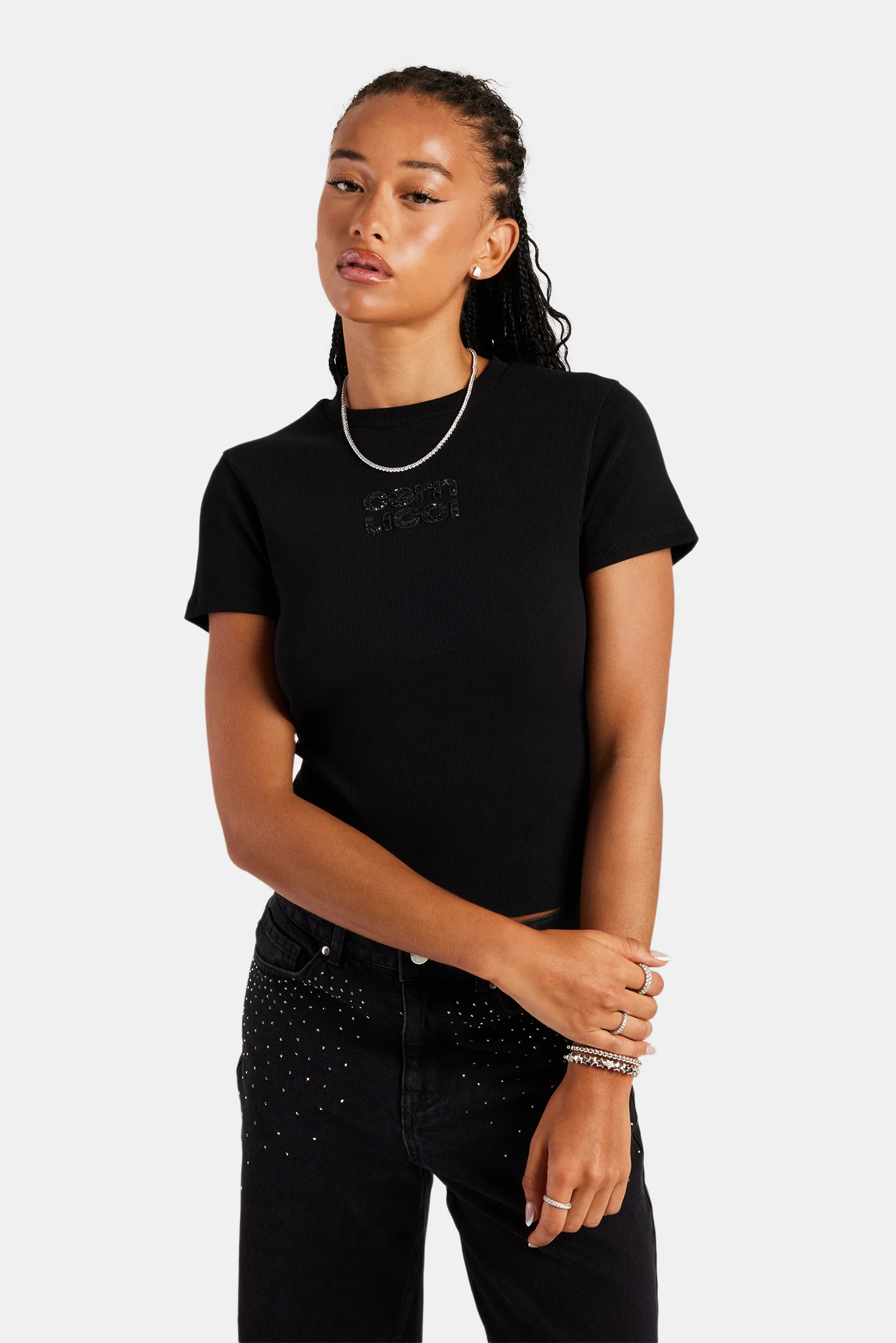Rib Glitter Applique Baby Tee - Black - Image 2