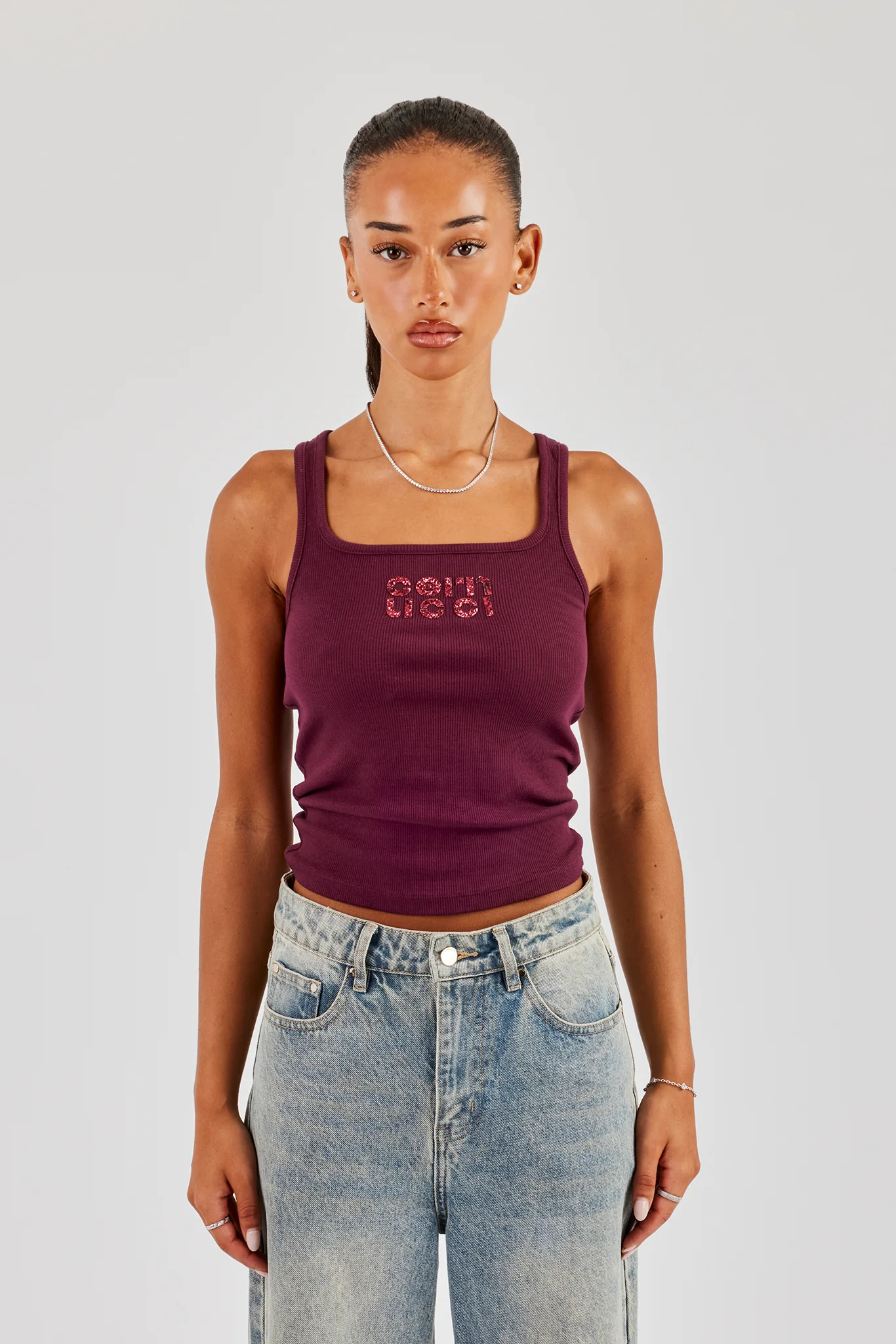 Rib Glitter Applique Vest - Burgundy - Image 2