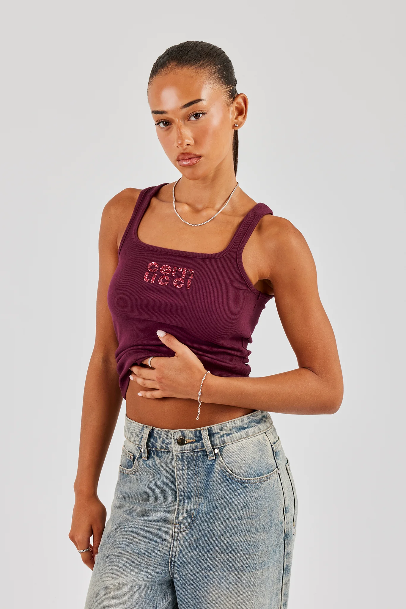 Rib Glitter Applique Vest - Burgundy - Image 3