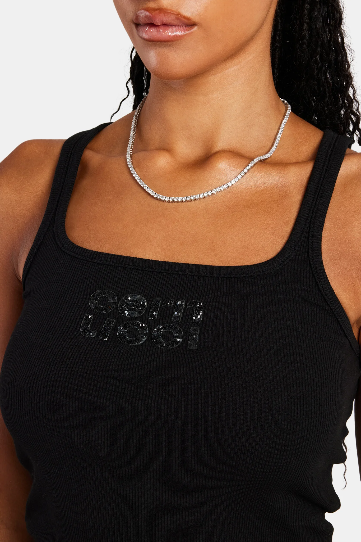 Rib Glitter Applique Vest Top - Black - Image 2