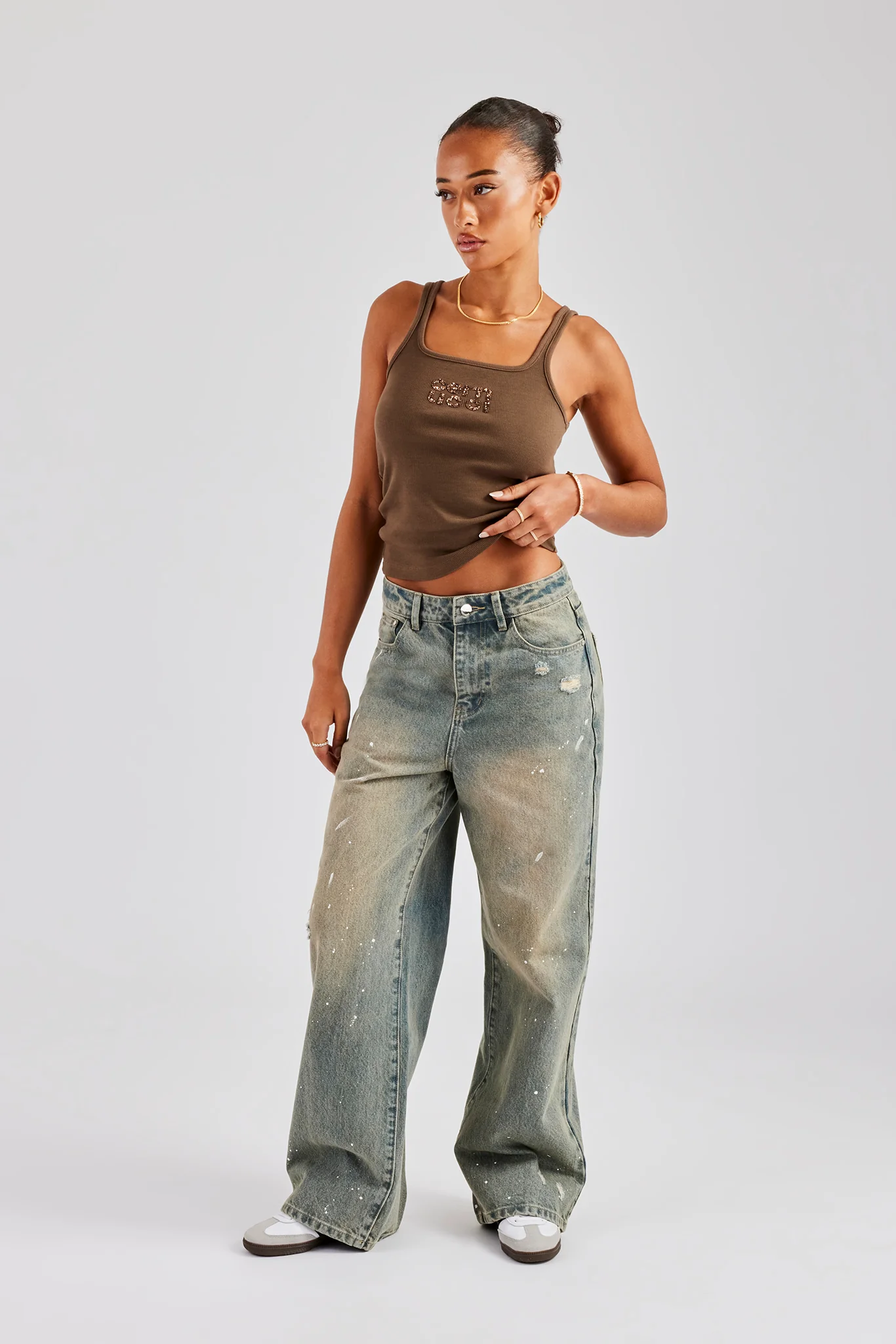 Rib Glitter Applique Vest Top Chocolate - Image 7