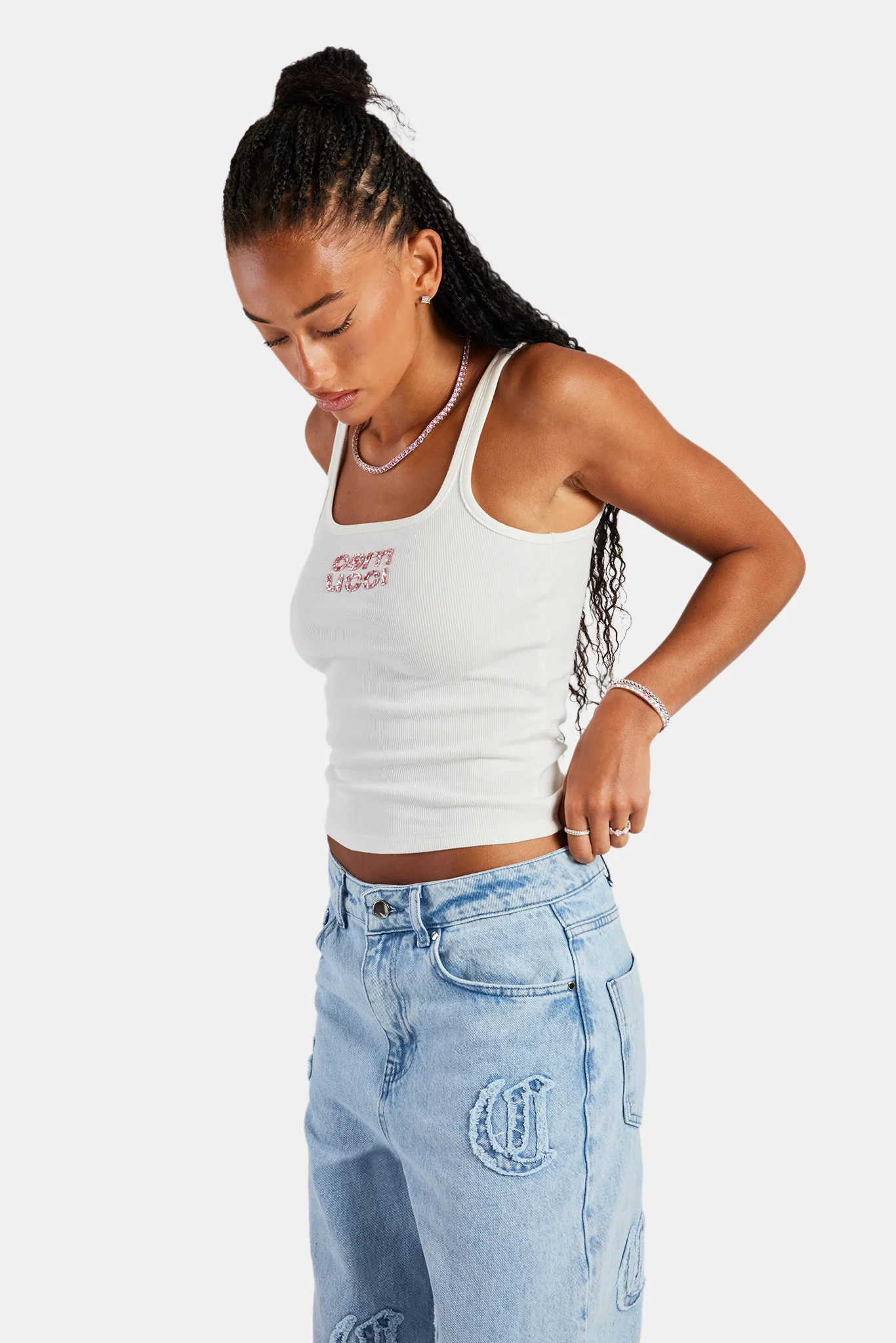 Rib Glitter Applique Vest Top  White - Image 4