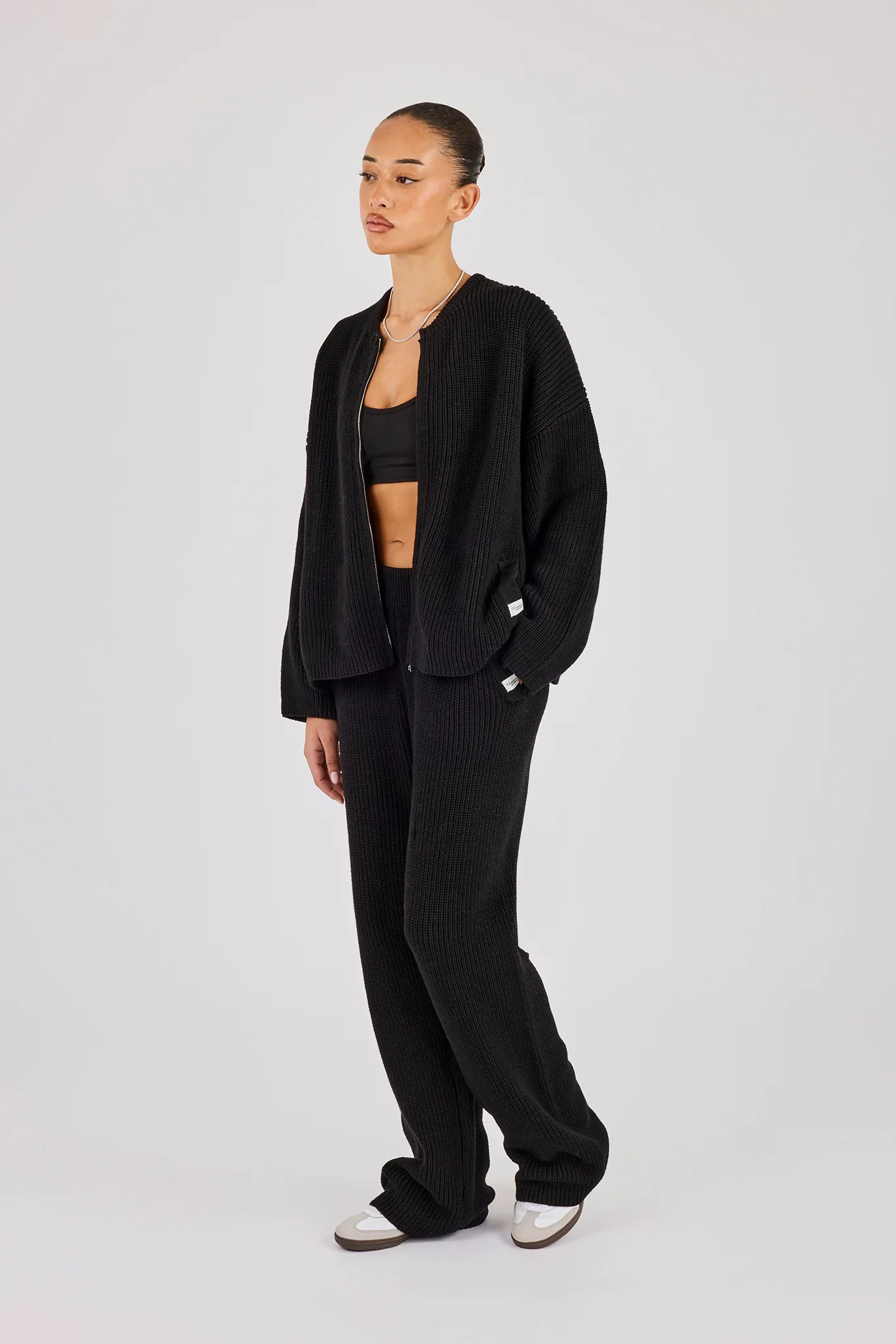 Rib Knit Collarless Bomber & Wide Leg Jogger - Black - Image 2