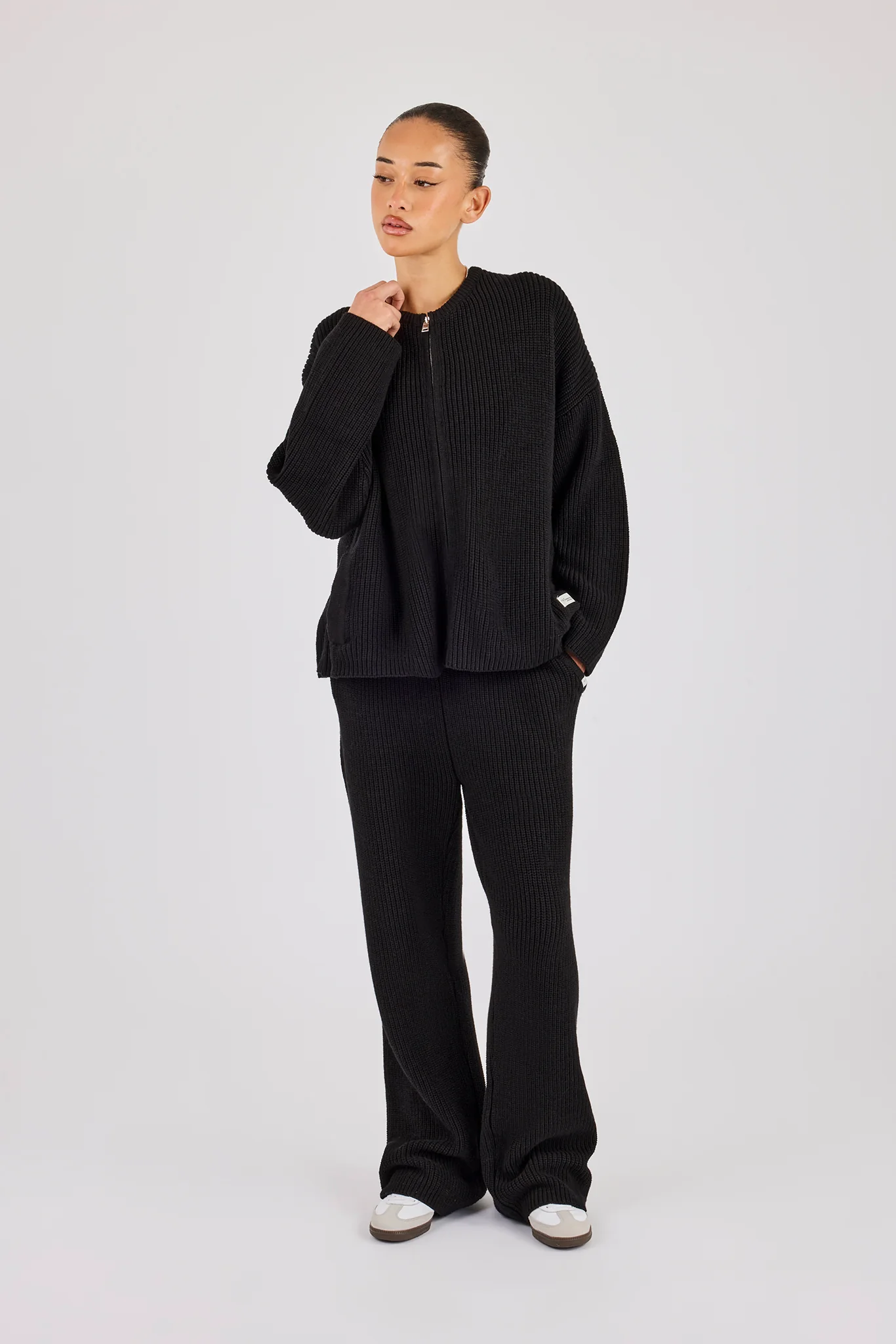 Rib Knit Collarless Bomber & Wide Leg Jogger - Black - Image 4
