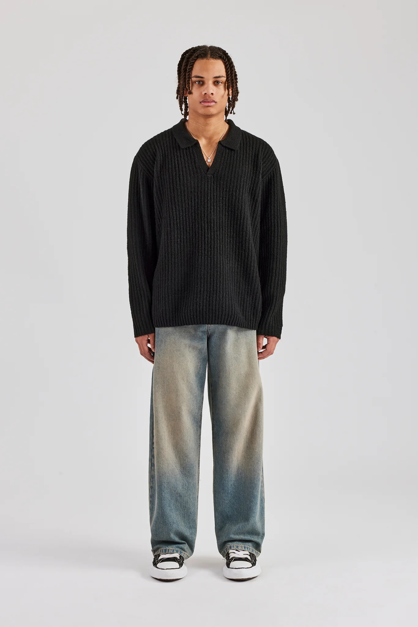 Rib Knit V Neck - Black - Image 2