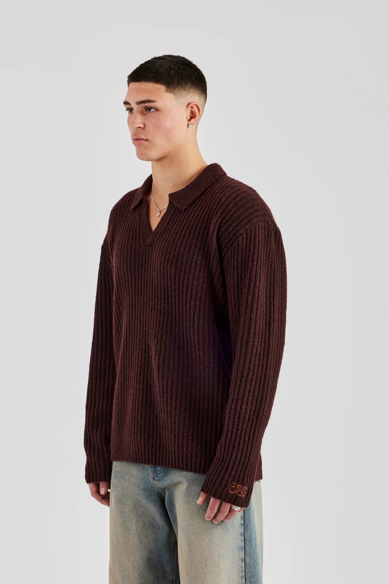 Rib Knit V Neck - Chocolate - Image 2