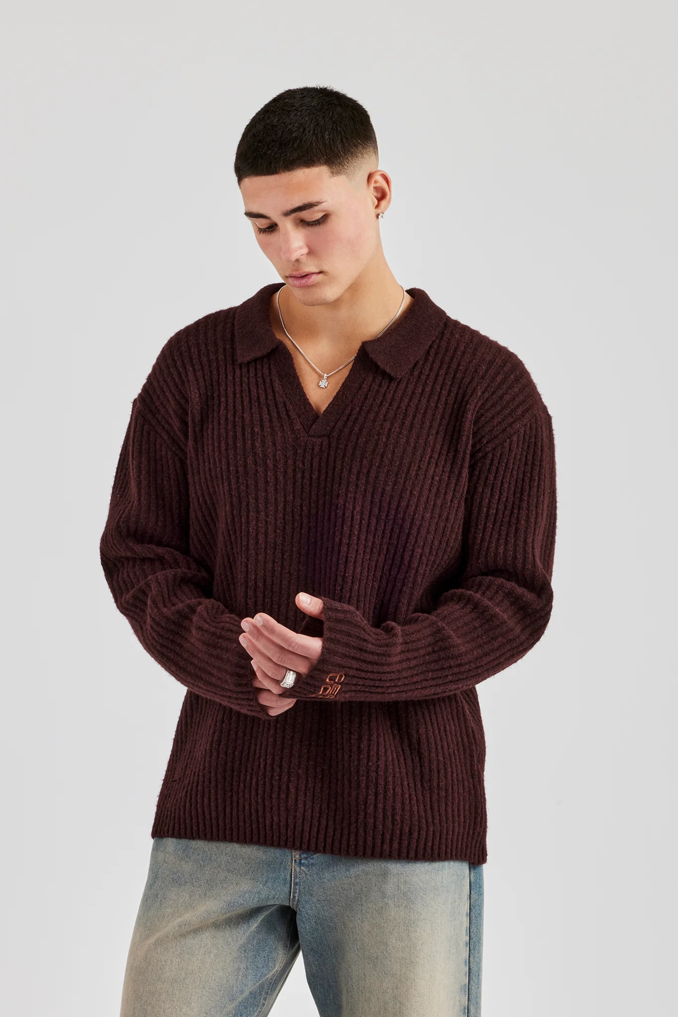 Rib Knit V Neck - Chocolate - Image 4