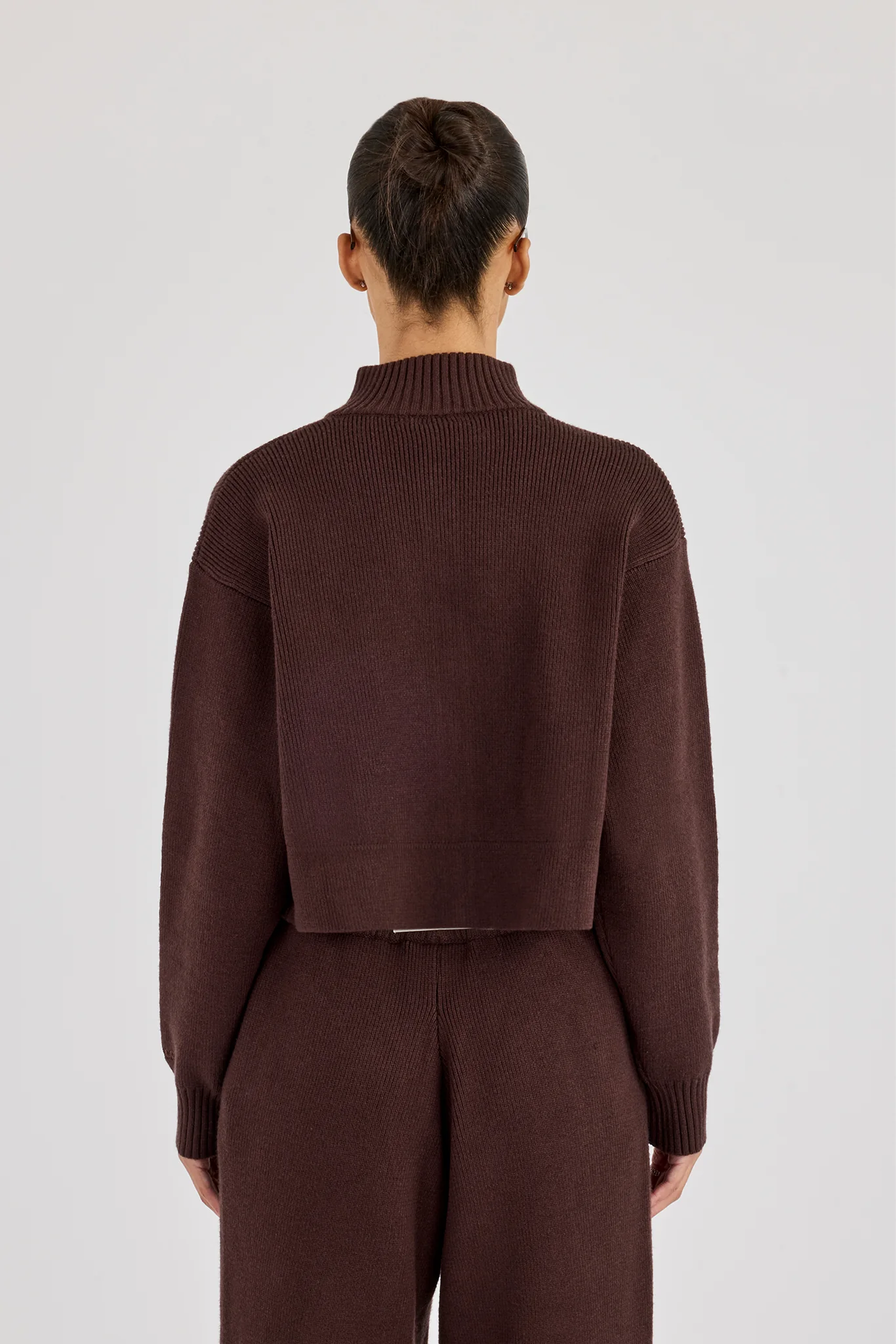 Rib Knit Zip Cropped Funnel Neck - Brown - Image 3