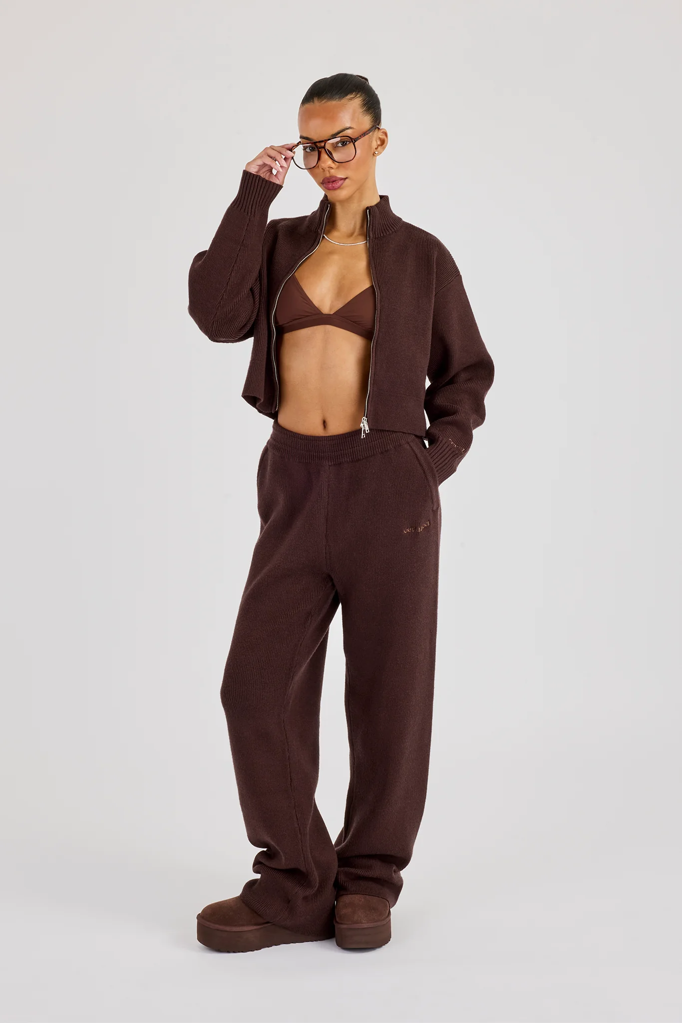 Rib Knit Zip Cropped Funnel Neck & Jogger - Brown - Image 2