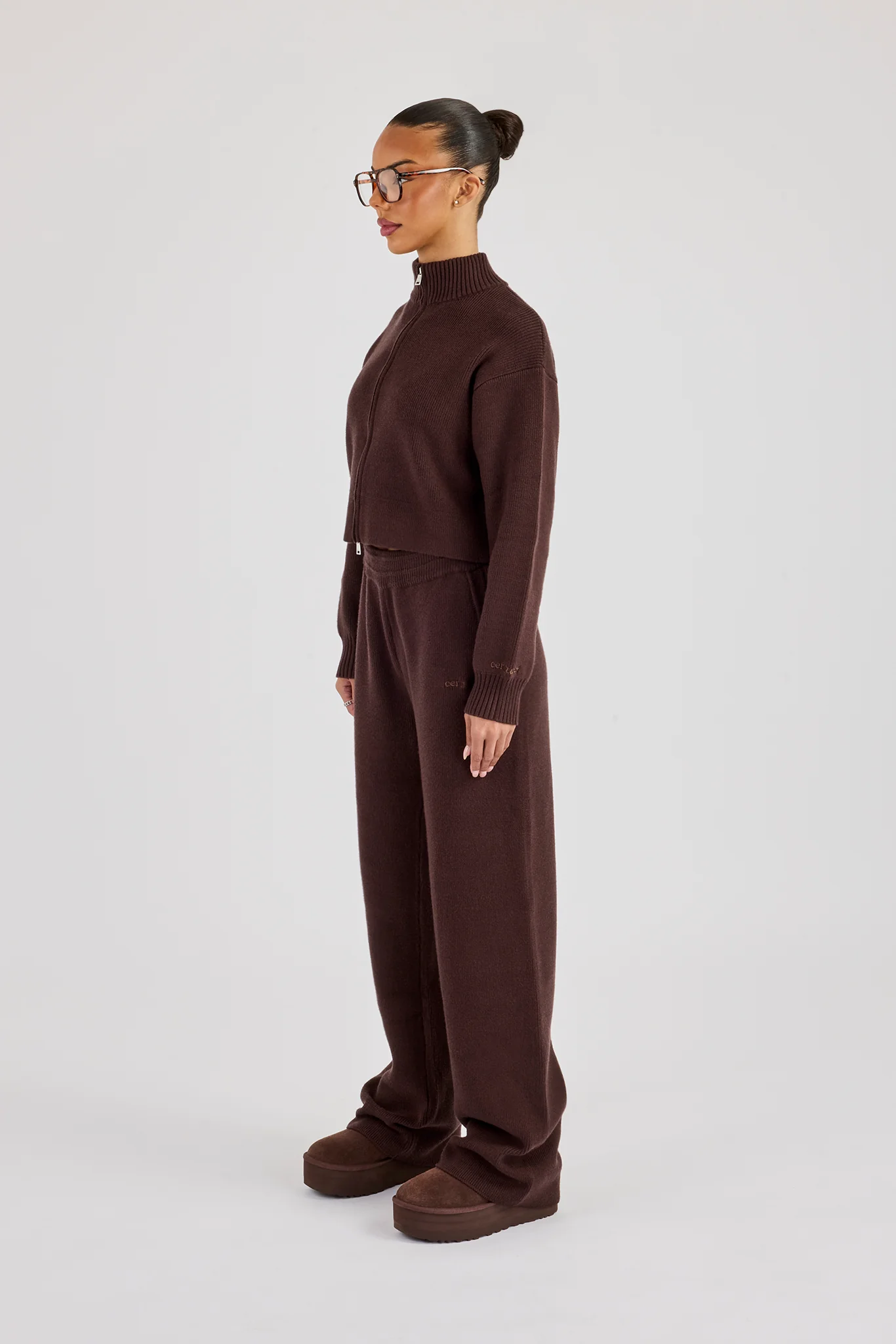 Rib Knit Zip Cropped Funnel Neck & Jogger - Brown - Image 3
